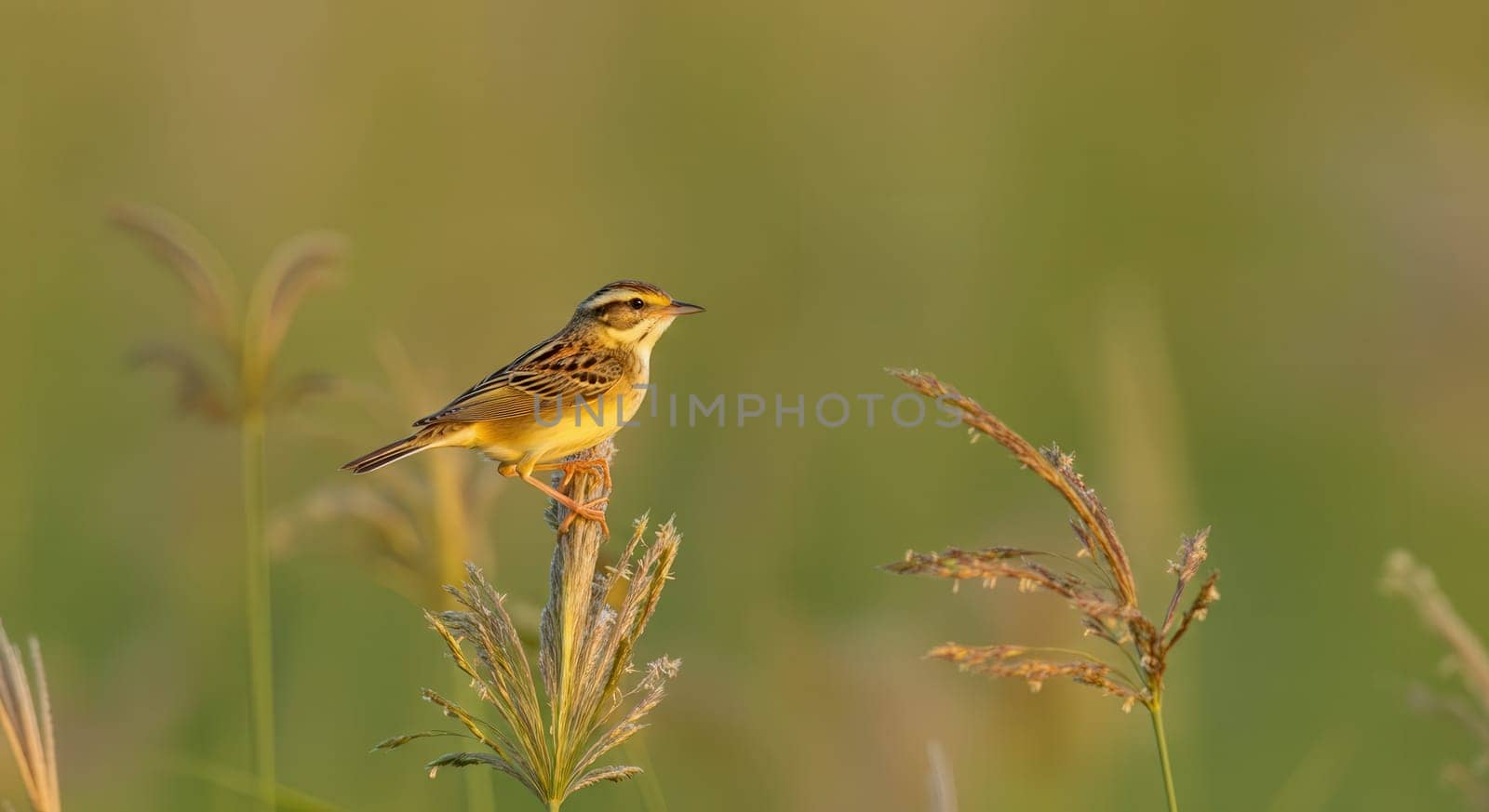 A delicate bird rests atop tall grass against a backdrop of soft, verdant tones. the scene tranquility of nature, the intricate patterns of the bird’s feathers in natural light.