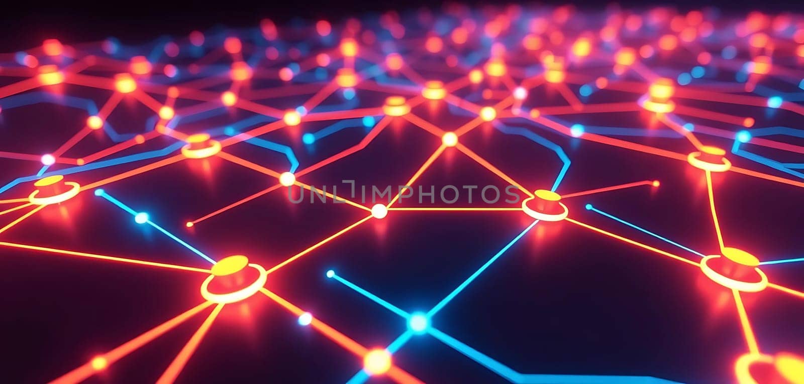 A vibrant, futuristic network of glowing nodes and interconnected lines, resembling a digital web or neural network, illuminates a dark background. The mood is dynamic and tech-savvy, with bright red, blue, and yellow lights pulsating through the grid.