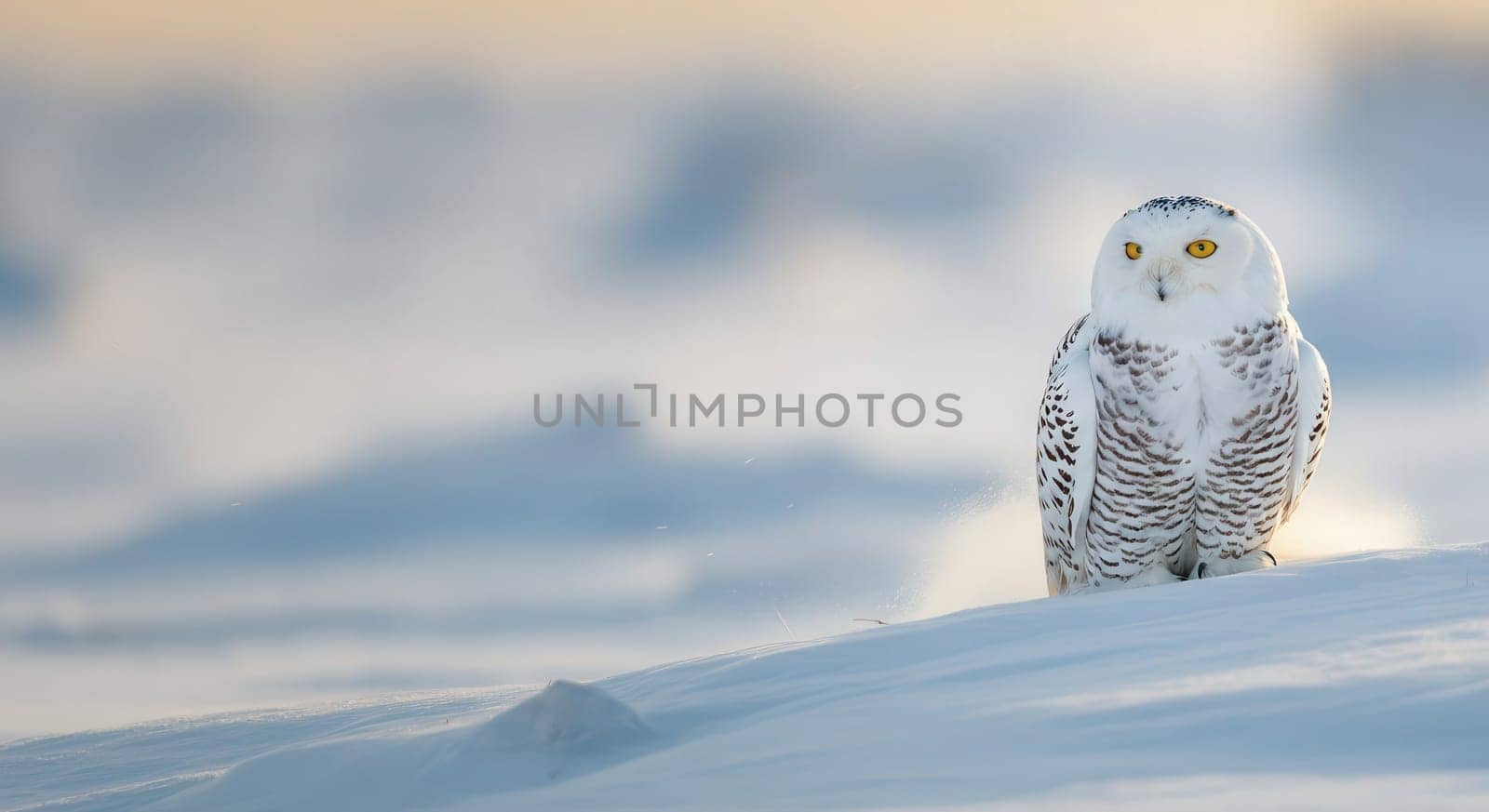A solitary snowy owl stands in a serene winter landscape, its white plumage blending with the snowy surroundings. golden eyes gaze intently, conveying a sense of calm and watchfulness amidst the untouched wilderness.