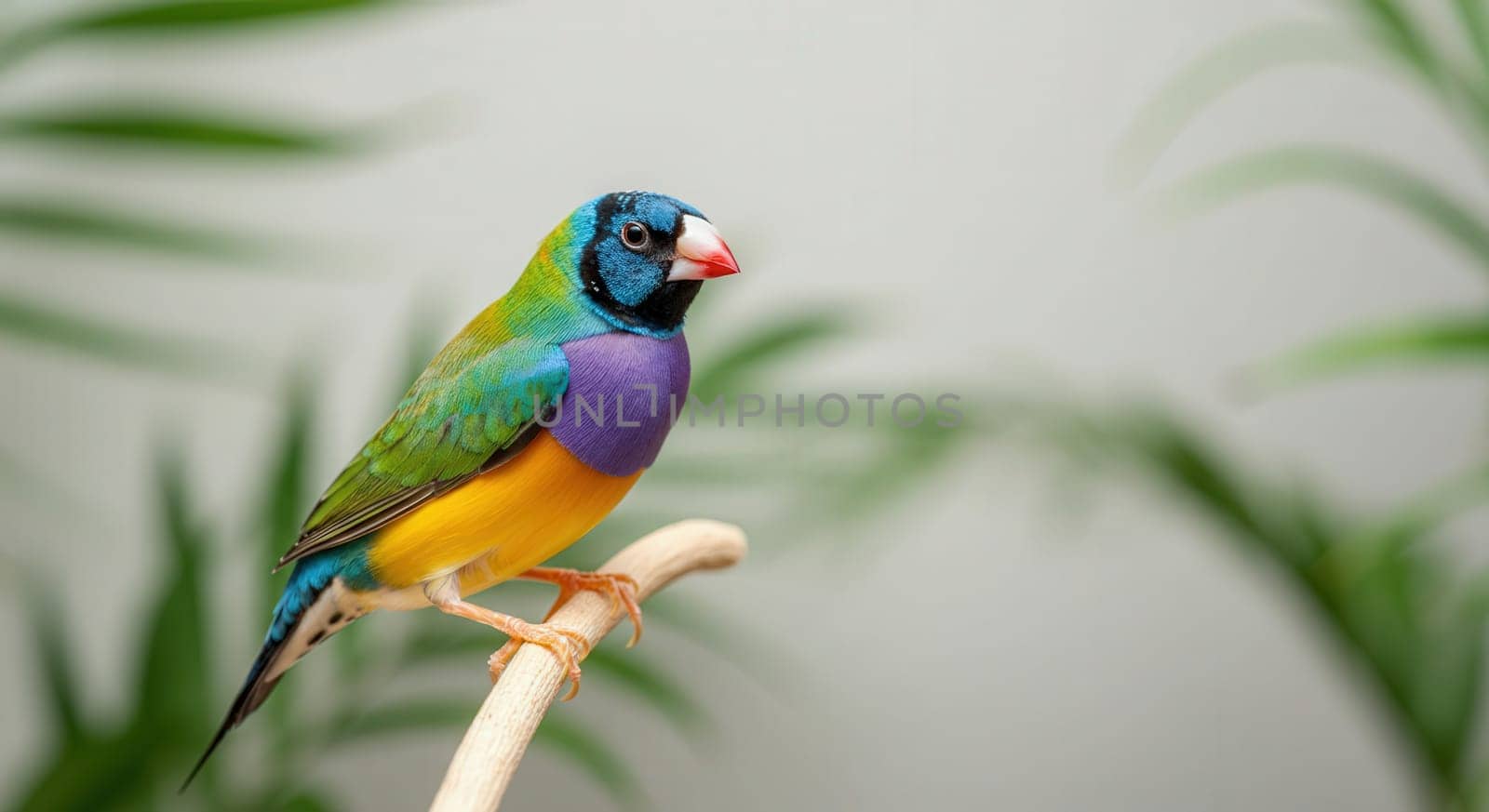 A colorful finch displays its vibrant plumage while perched on a branch against a backdrop of lush, blurred greenery. ideal for themes of nature, wildlife, and tropical environments, the bird's vivid, multi-hued feathers.