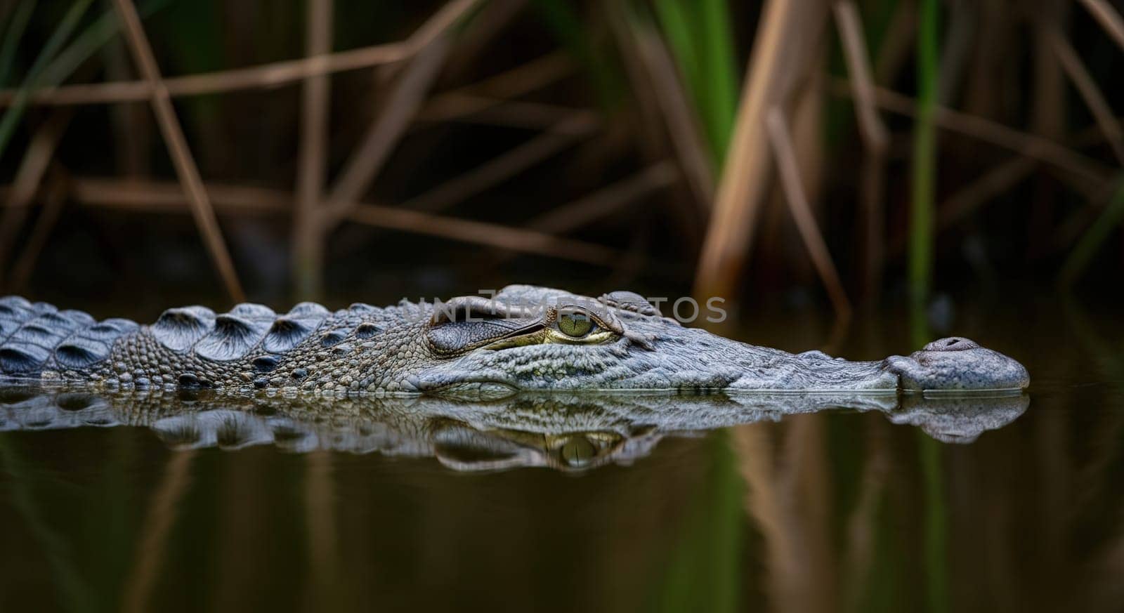 A crocodile glides smoothly in dark, calm waters, surrounded by reeds in a natural wetland. its textured skin and watchful eyes convey a sense of stealth and power, set against the lush, green backdrop.