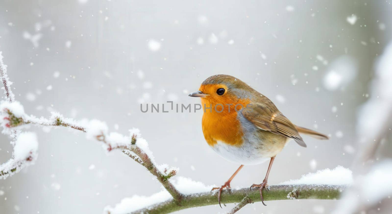 European robin resting on a snow-dusted branch amidst gently falling snowflakes. its vibrant orange breast contrasts beautifully against the serene winter background, embodying the quiet elegance of a winter scene.