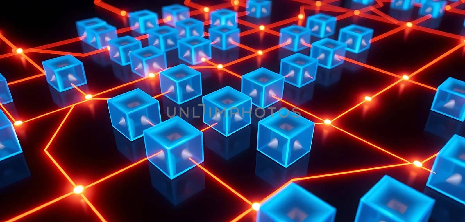 Glowing blue cubes interconnected by vibrant red-orange lines form a futuristic network, evoking a sense of advanced technology and digital innovation against a dark backdrop.