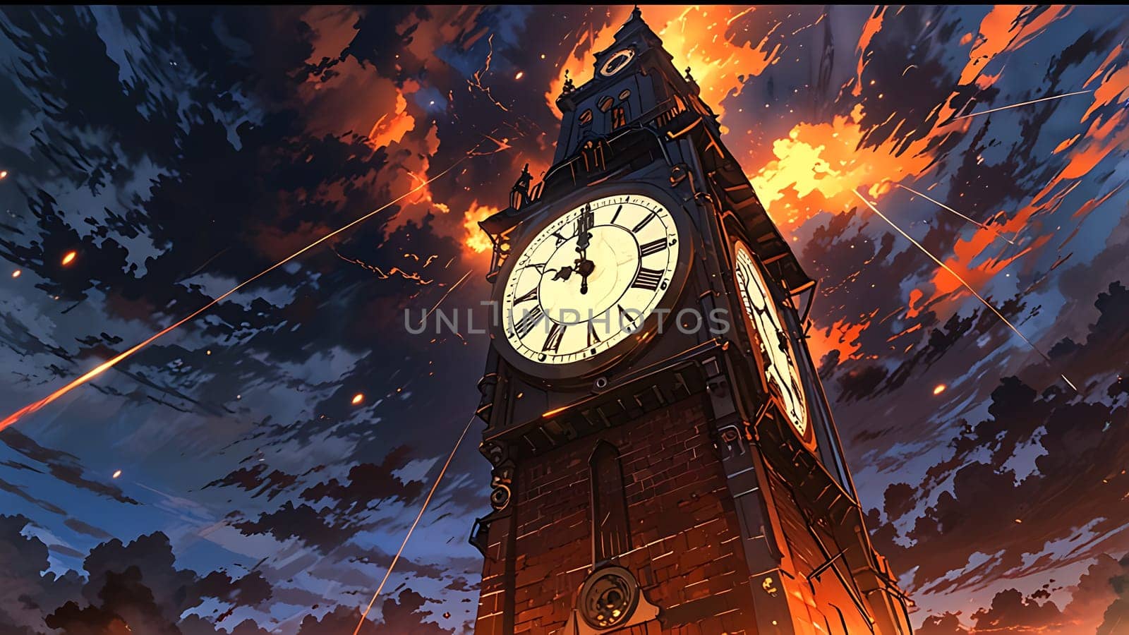 A towering clock tower stands defiant amidst a fiery, chaotic sky. The mood is dramatic and apocalyptic, with streaks of light and embers illuminating the dark clouds. The clock face, stark and clear, contrasts with the surrounding turmoil.