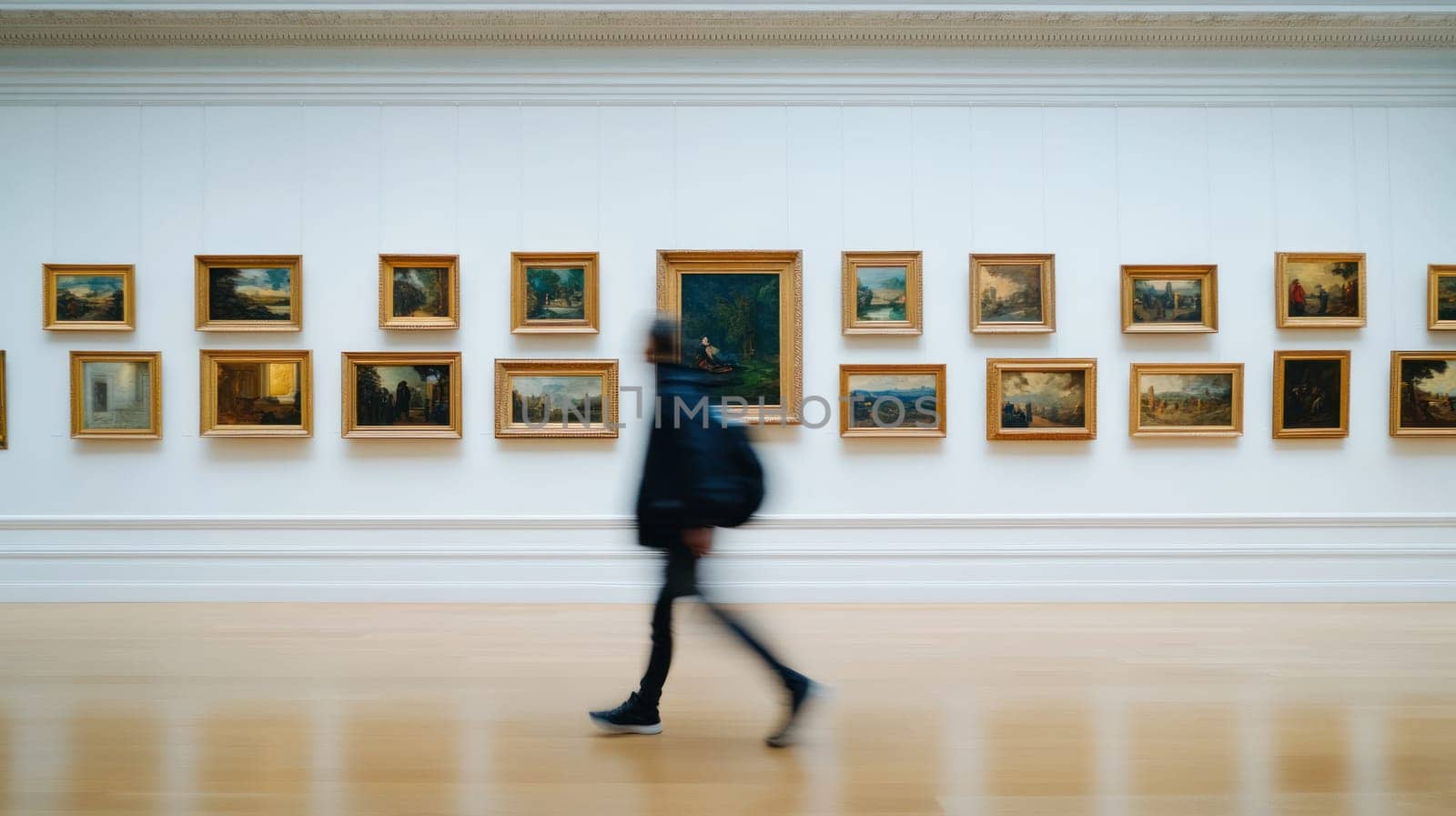 A person walking past long grey wall in art gallery adorned with old golden framed paintings