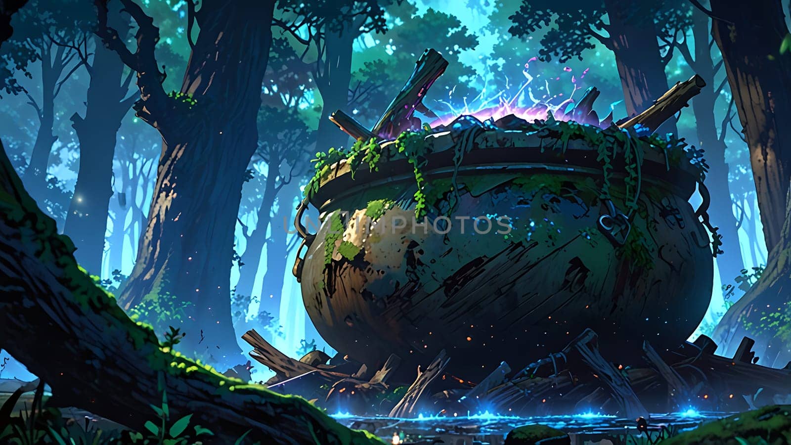 In a mystical forest, a colossal, ancient cauldron lies tilted, overgrown with moss and vines. Glowing with enchanting blue light, it emits a magical aura amidst towering, shadowy trees. Broken branches and eerie mist enhance the scene's mystique.