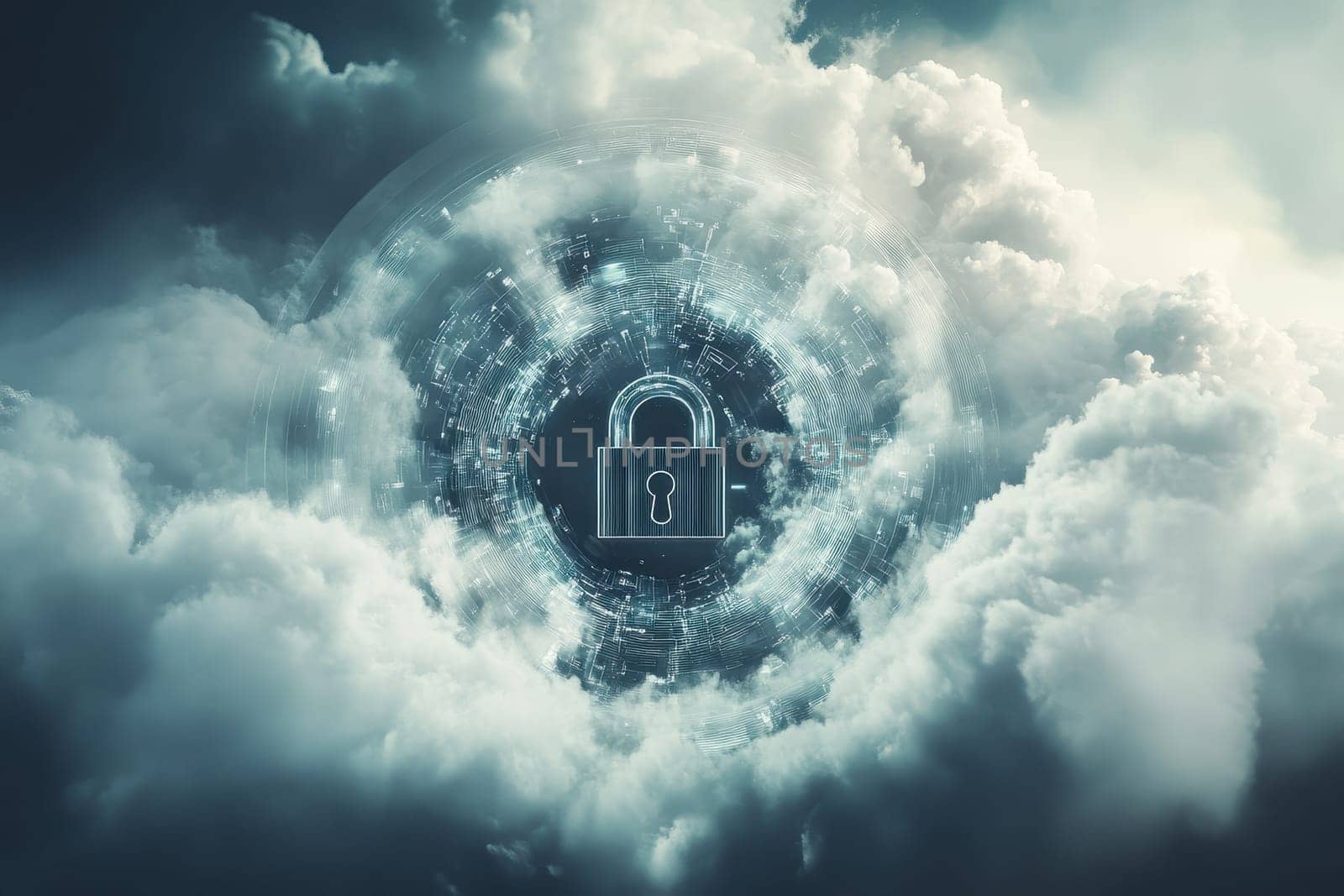 This image showcases a secure cloud storage concept featuring a digital lock surrounded by clouds, symbolizing privacy and data protection in the digital age.