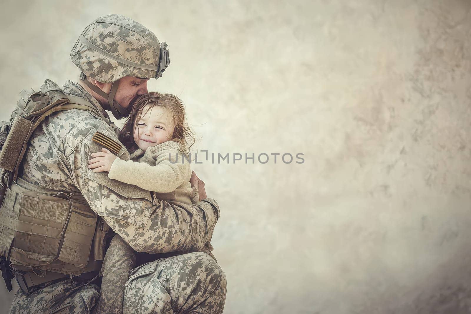 A touching moment captures a soldier warmly embracing a child, reflecting deep affection and a strong bond. Their smiles radiate joy and love.