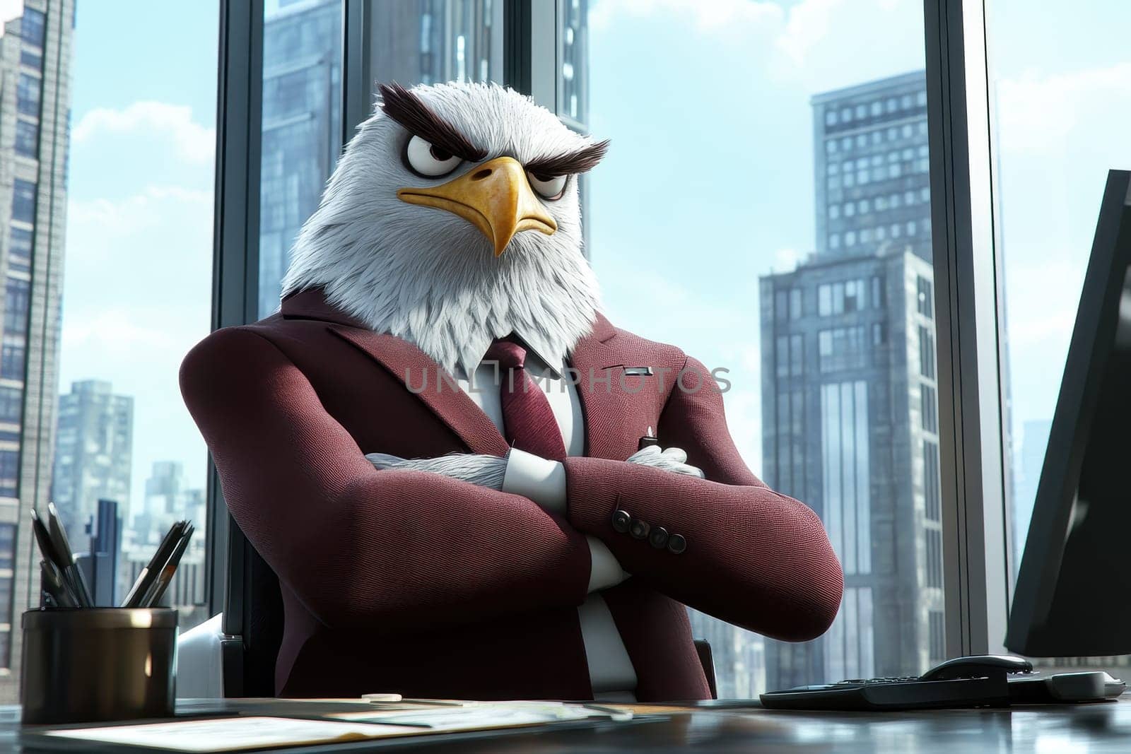 A humanoid hawk character is seated in a maroon suit, exuding confidence in a modern office. The cityscape view through the window enhances the professional atmosphere, showcasing a creative digital illustration.