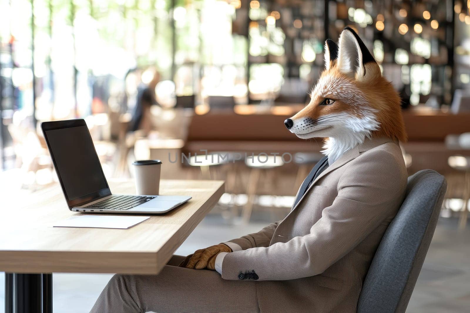 A unique humanoid fox dressed in a tailored beige suit sits attentively at a desk in a modern cafe, featuring a laptop and coffee, blending animal and human traits in a creative workspace.