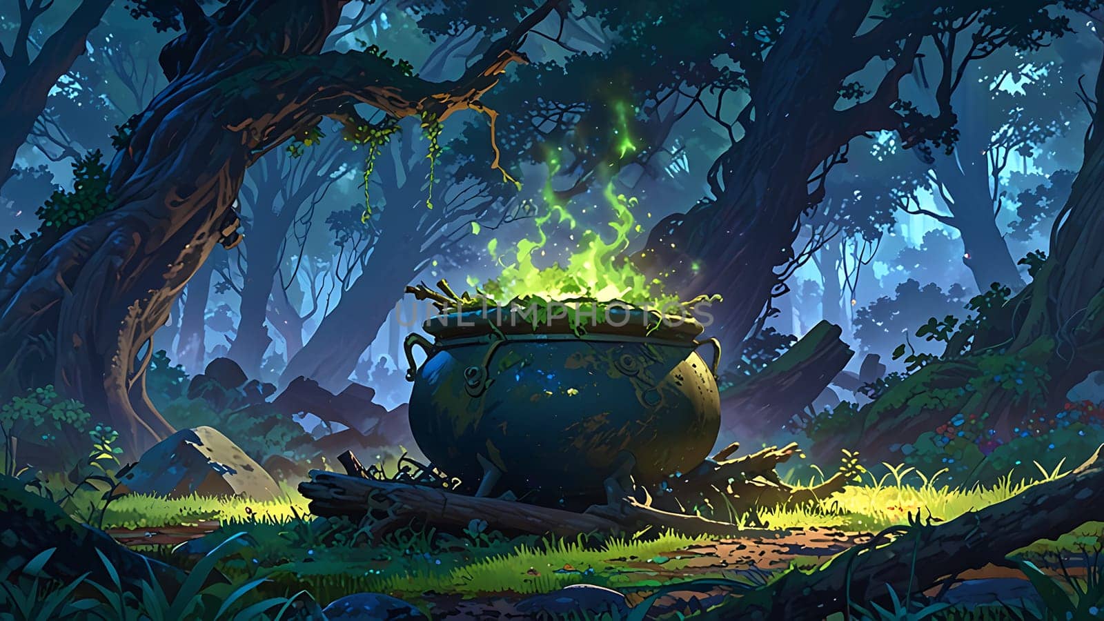 In a mystical forest, a large, ornate cauldron bubbles with a vivid green potion. Gnarled trees and glowing flora surround it, creating an enchanting, eerie atmosphere. The scene hints at magic and mystery.