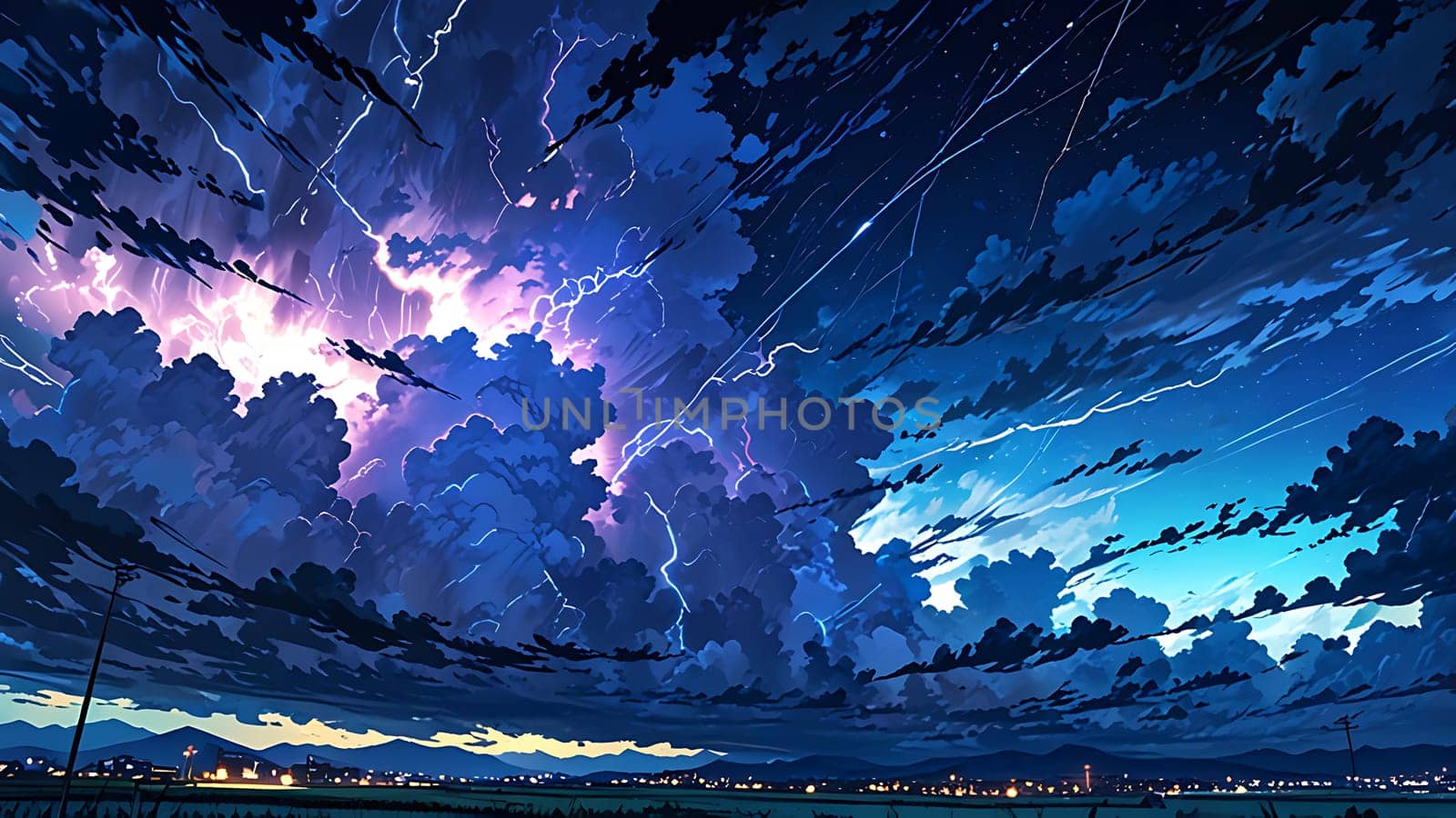 A dramatic night sky erupts with vivid lightning and meteors over a tranquil, distant cityscape. The stormy clouds contrast with the serene, glowing urban lights below, creating a mood of both chaos and calm.