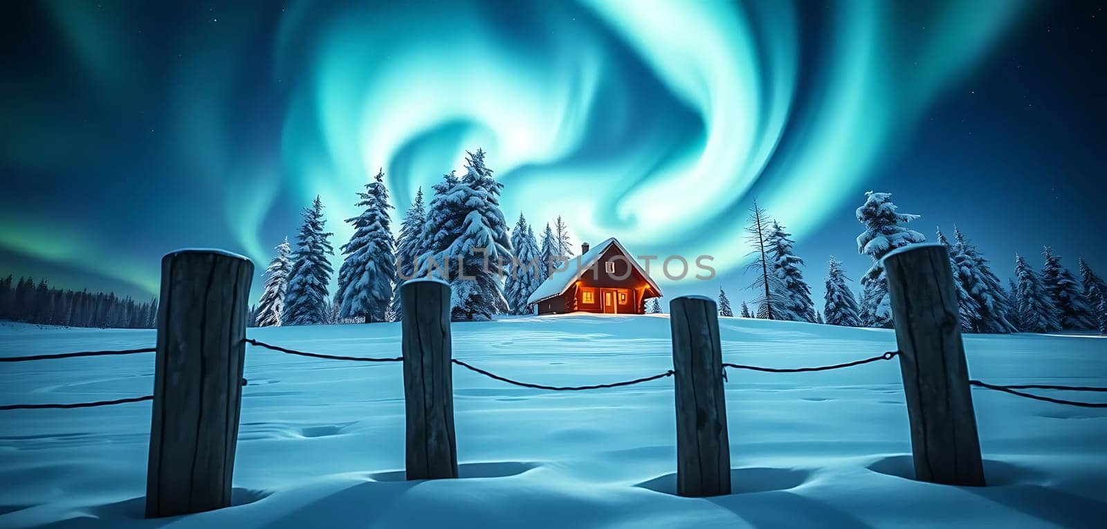A serene winter night unfolds with vibrant auroras dancing above a cozy, illuminated cabin nestled among snow-covered trees. The mood is tranquil and magical, enhanced by the glowing sky and the quiet, snowy landscape.