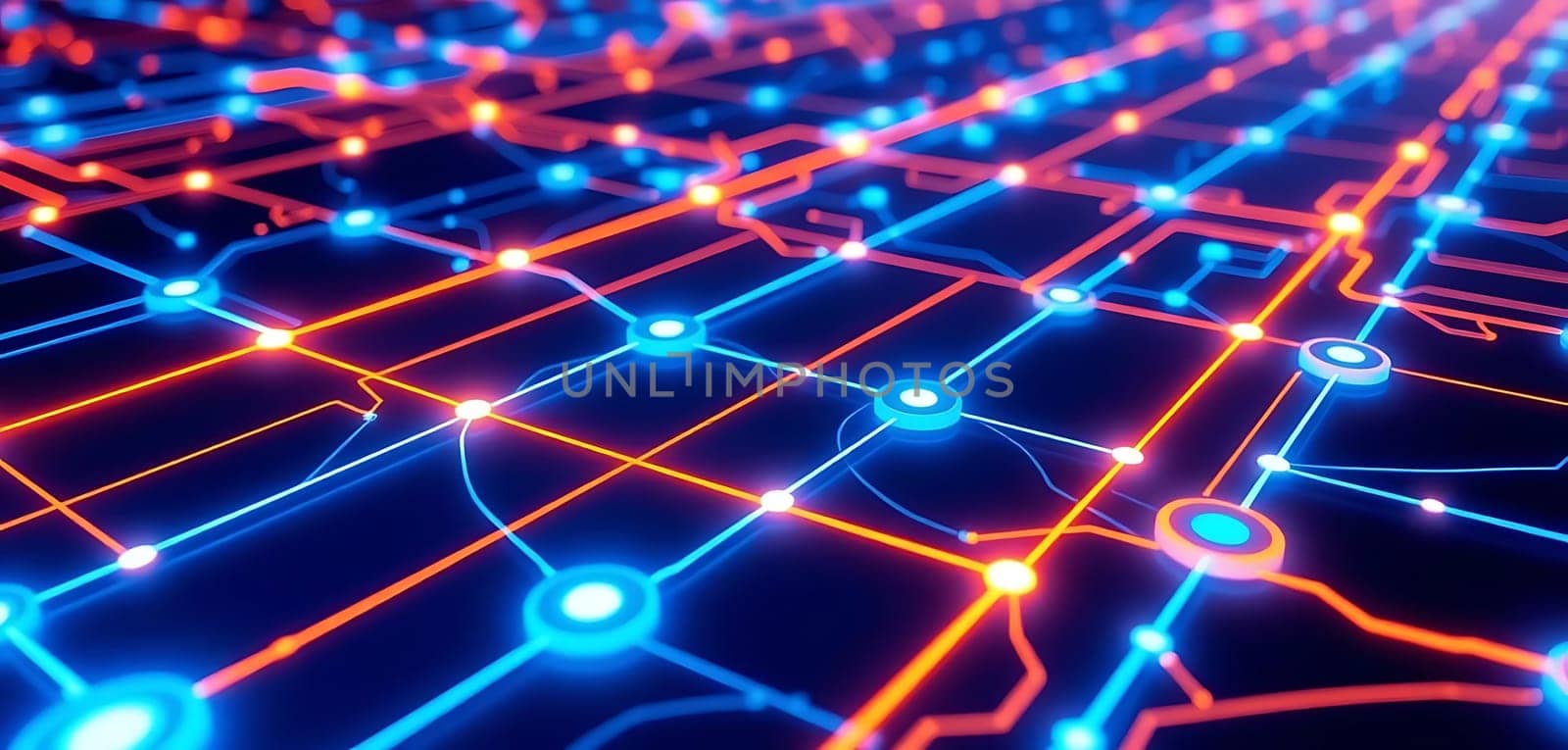 A vibrant digital network sprawls, glowing with blue and orange neon lights. Nodes and pathways interconnect, evoking a futuristic, high-tech mood. The intricate web suggests advanced technology and data flow.