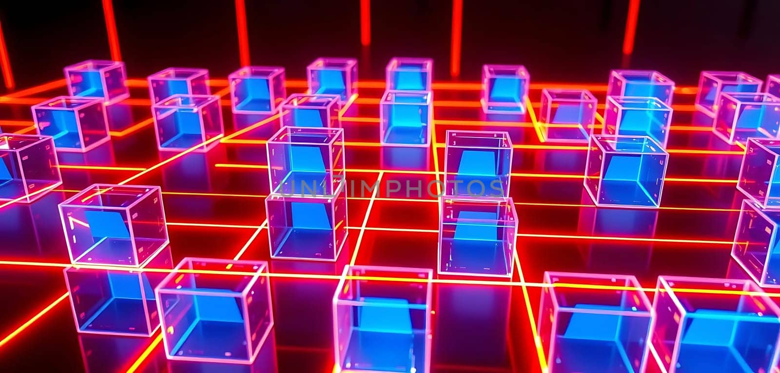 A futuristic grid of glowing cubes, bathed in neon blue and pink hues, creates a vibrant, digital landscape. The mood is electric and high-tech, evoking a sense of advanced technology and innovation.
