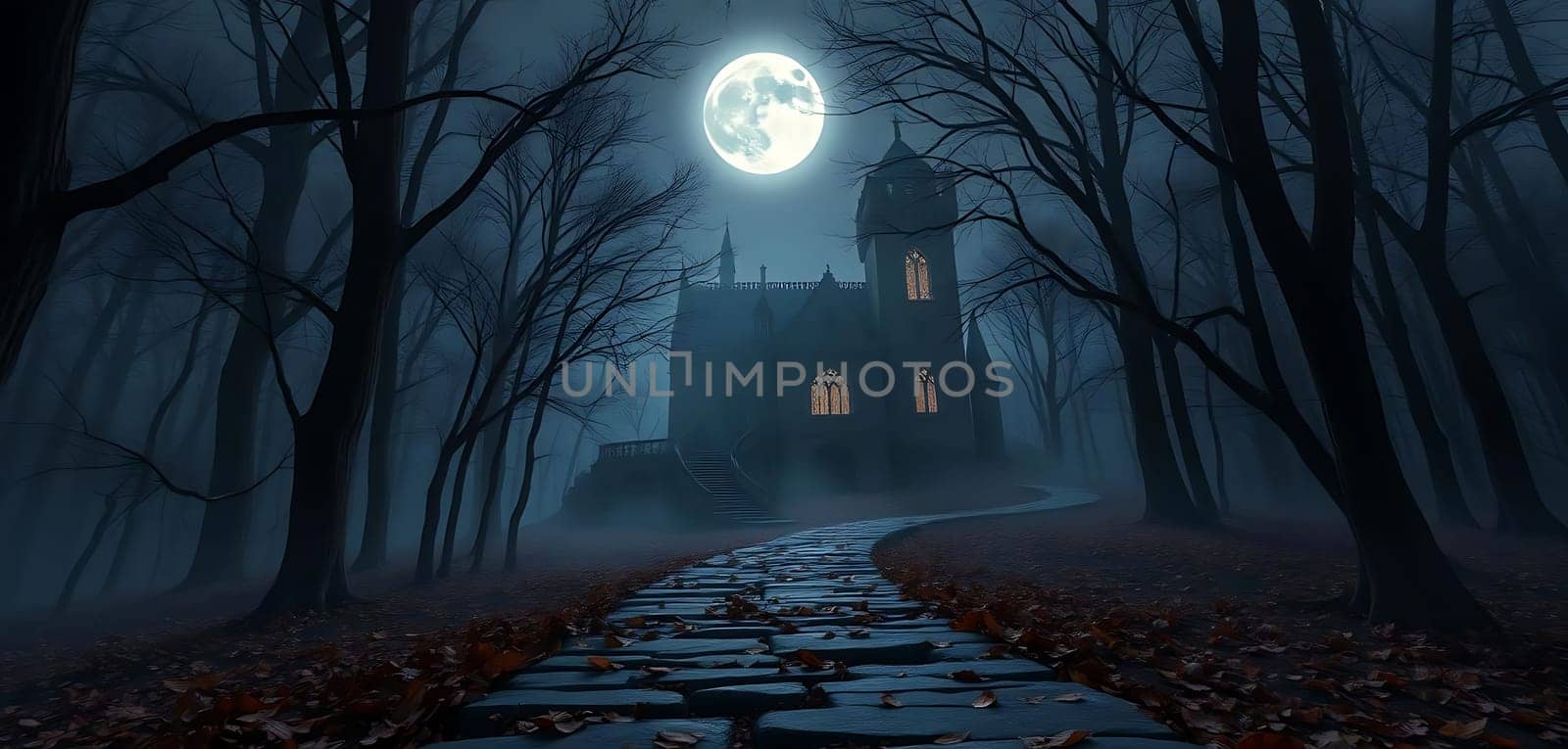 A haunting castle looms under a full moon, nestled in a foggy, barren forest. The stone path leading to it is strewn with autumn leaves, creating an eerie, mystical atmosphere. The castle's dimly lit windows hint at secrets within.