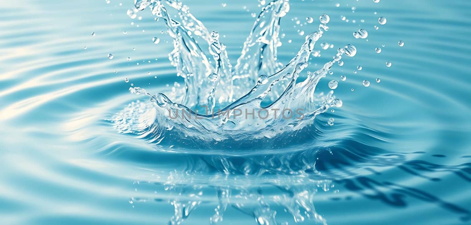 A dynamic splash disrupts tranquil blue water, creating a crown-like formation. Droplets scatter, capturing a moment of fluid grace and energy. The serene backdrop contrasts with the lively action, highlighting nature's elegance.