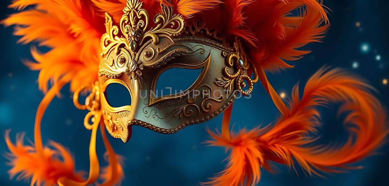 A resplendent Venetian mask, adorned with gold filigree and vibrant orange feathers, floats against a mystical blue backdrop. The intricate design and lush plumage evoke a sense of opulence and mystery, transporting you to a masquerade ball of old.