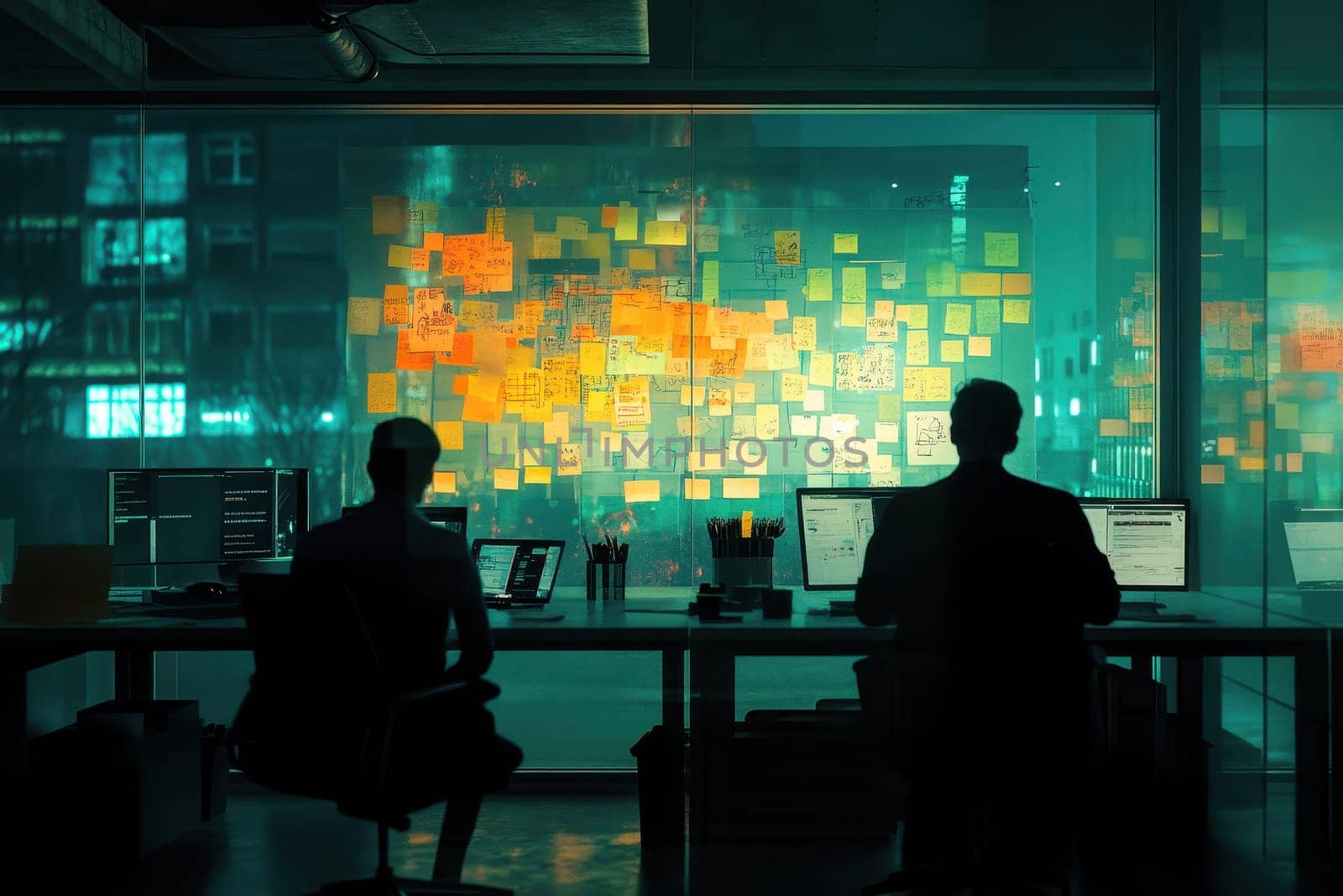 Two team members collaborate in a modern office environment, focused on their screens and surrounded by colorful sticky notes, creating an engaging workspace.