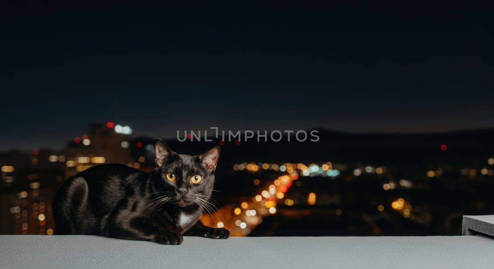 A black cat with bright eyes rests on a rooftop, overlooking a vibrant cityscape at night. the distant city lights create a bokeh effect, the serene yet mysterious ambiance of the urban skyline.