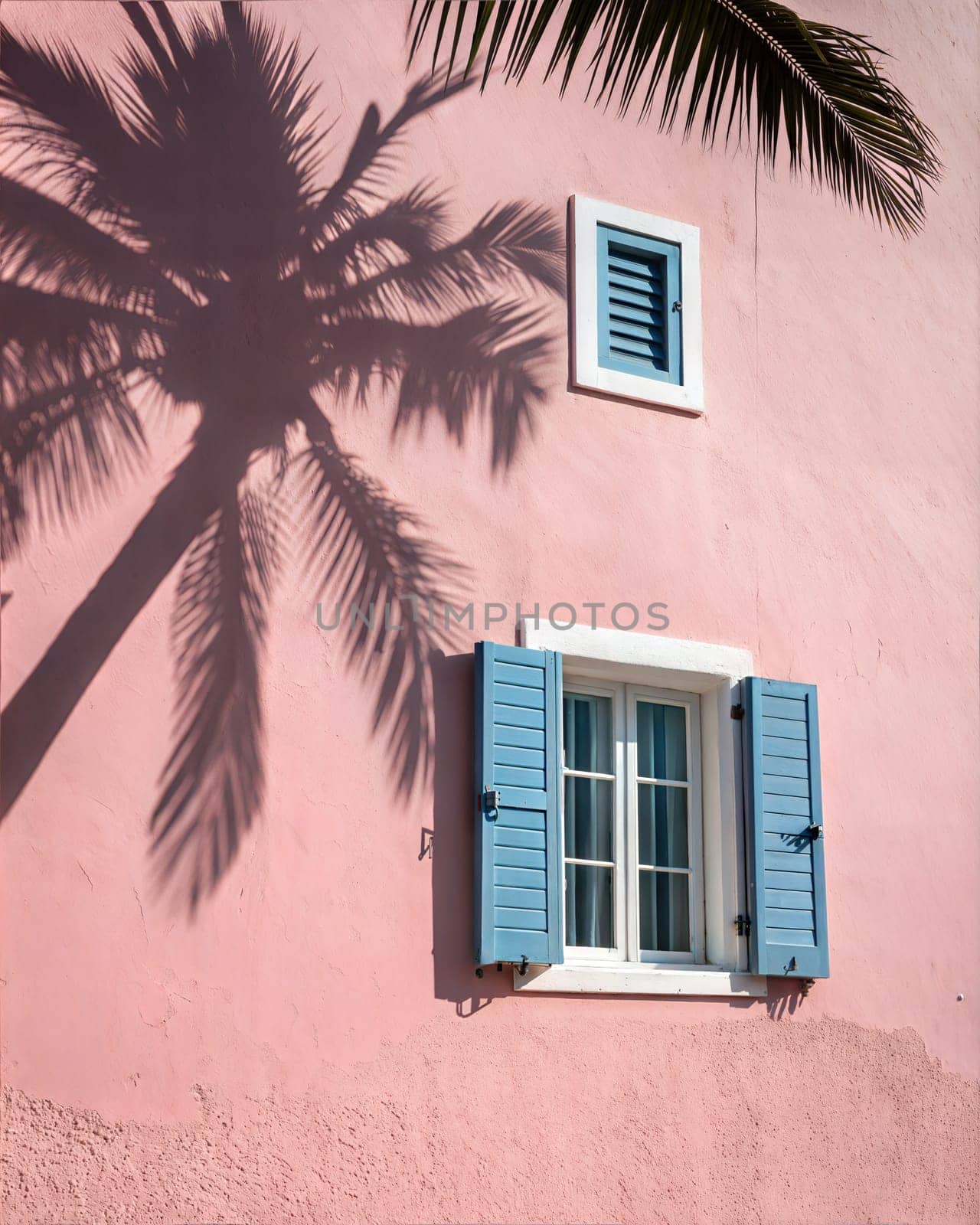 Palm shadow on pink wall with blue windows. Summer traveling concept. Ai generated