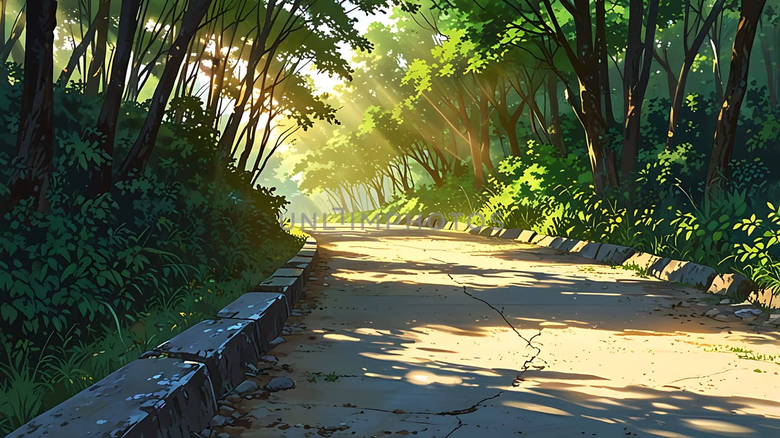 A serene forest path bathed in dappled sunlight invites exploration. Tall, lush trees arch overhead, while a worn, cracked concrete path, bordered by wild greenery, leads deeper into the tranquil woods. The mood is peaceful and inviting, with sunlight filtering through the dense canopy, casting gentle shadows.