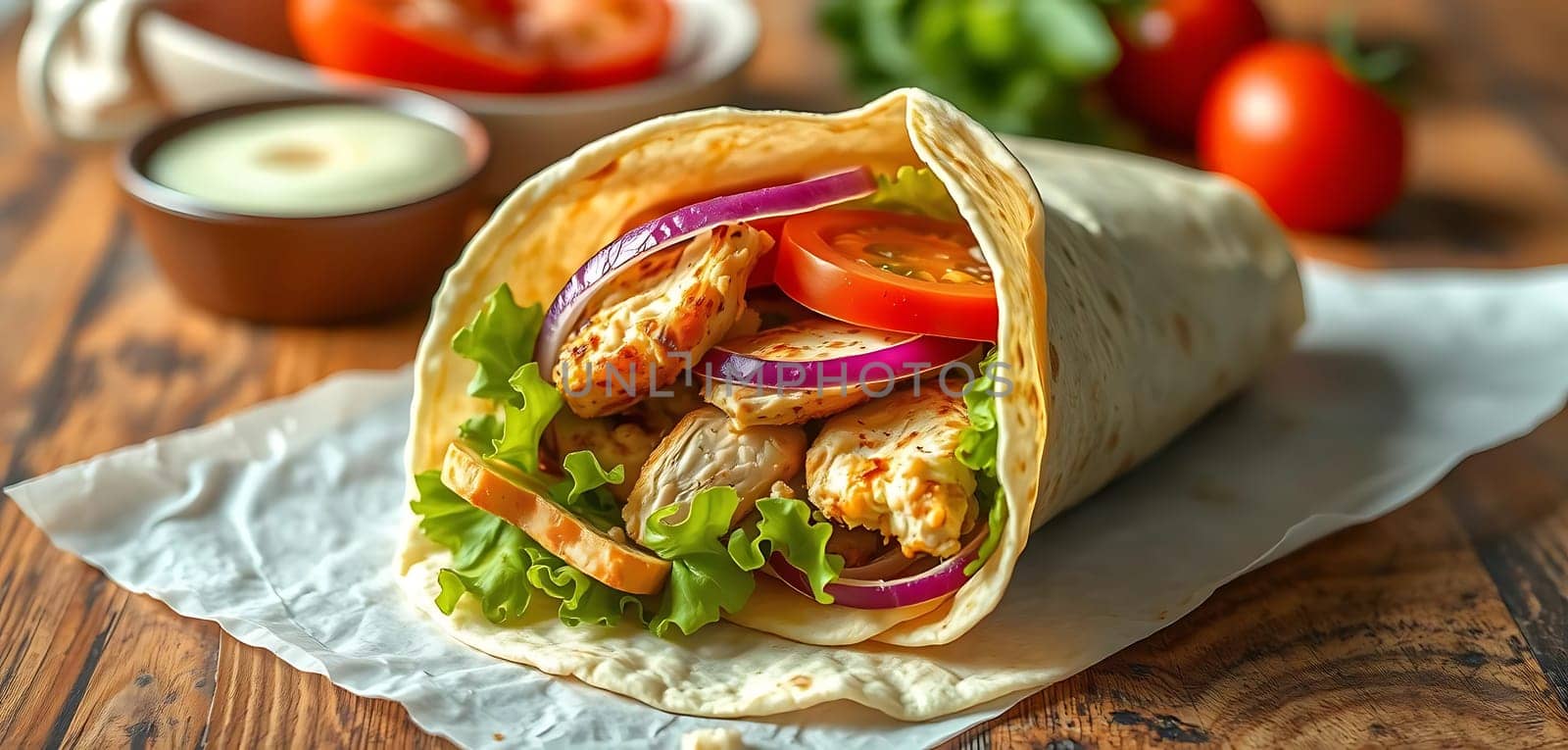 A tantalizing chicken wrap rests on a rustic wooden table, bursting with fresh lettuce, juicy tomatoes, and vibrant red onions. The warm, inviting scene is complemented by a side of creamy sauce and ripe tomatoes, evoking a cozy, homemade meal.
