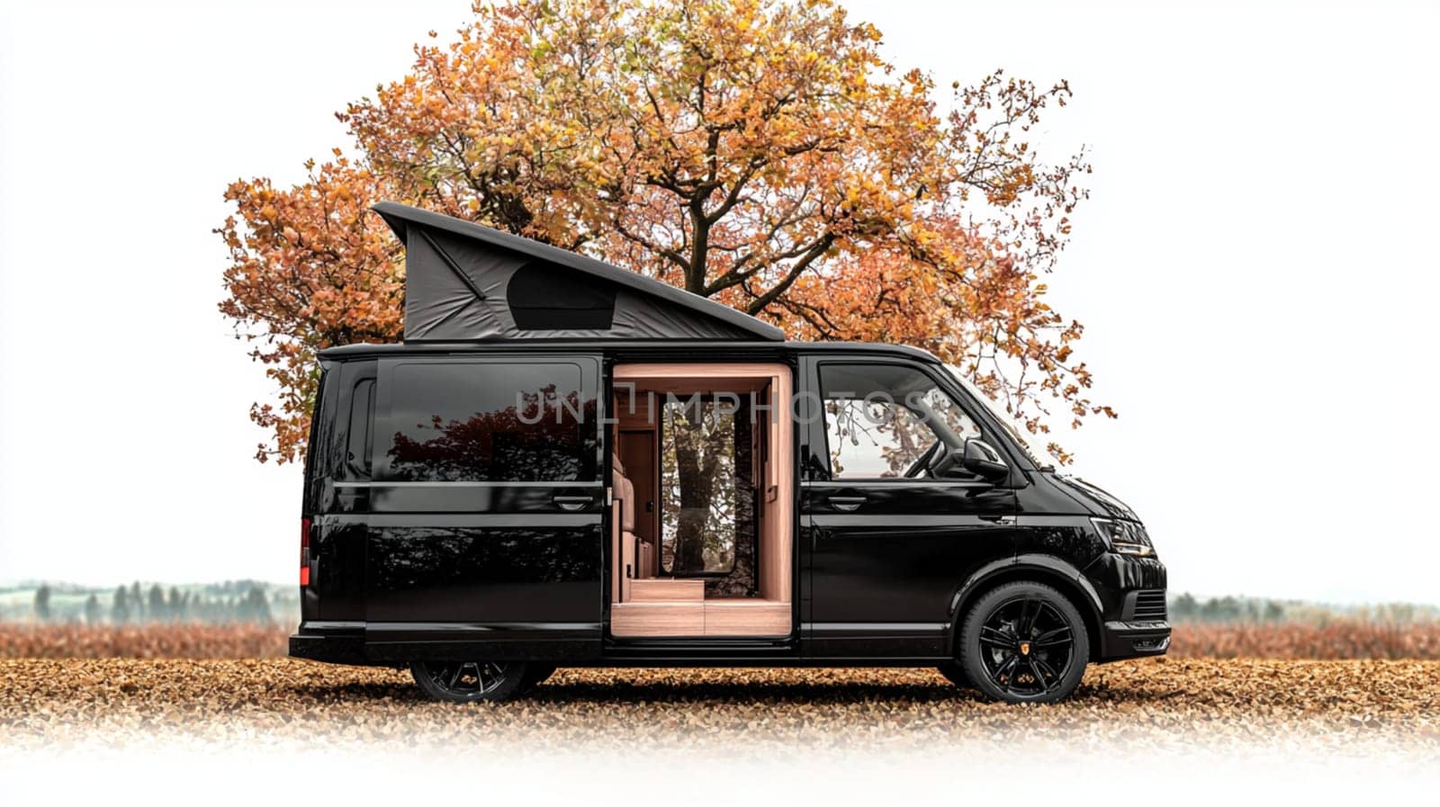Camper van is parked in a field, its doors open to a beautiful day. The van is a symbol of freedom and adventure, and it's the perfect way to explore the great outdoors