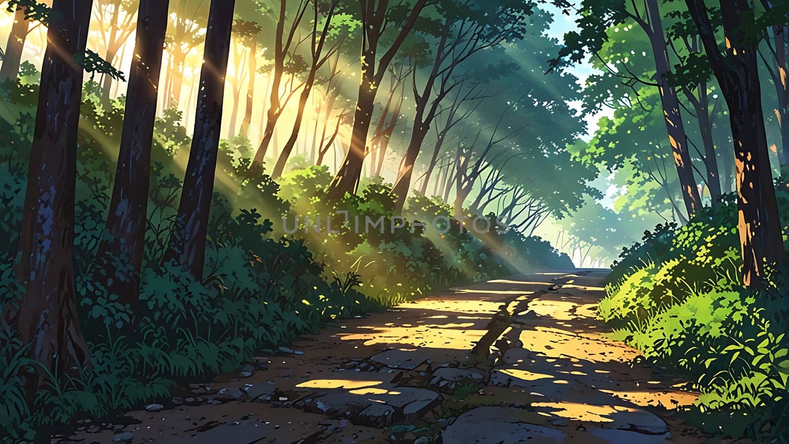 A serene forest path bathed in dappled sunlight invites exploration. Tall, lush trees create a canopy, while vibrant greenery lines the earthy trail. The tranquil mood is enhanced by soft, golden rays filtering through the leaves.