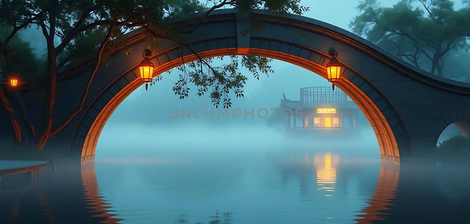 A mystical stone bridge arches over a tranquil, mist-covered river. Lanterns cast a warm glow, illuminating the serene night. In the distance, a traditional pavilion stands peacefully amidst the fog, creating an enchanting, dreamlike atmosphere.
