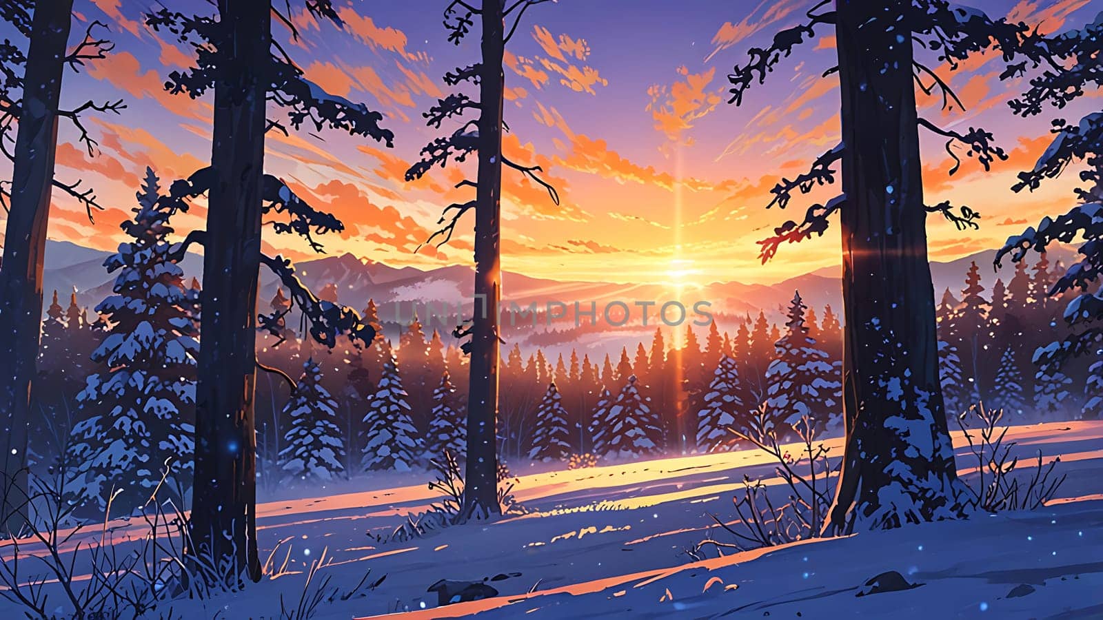 A serene winter sunset illuminates a snow-covered forest. Tall, bare trees stand sentinel as the sun dips below distant mountains, casting warm hues against the cool, blue-tinted snow. The tranquil mood is enhanced by gentle snowfall and the play of light through the trees.