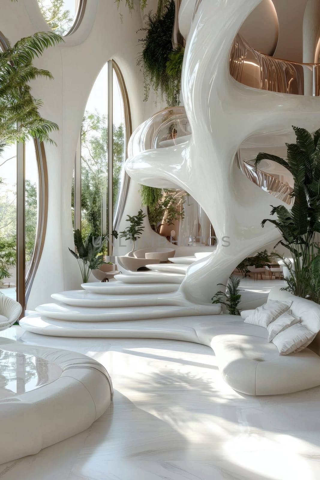 Biophilic interior: harmony of natural forms, cozy textures and innovative design in living space.
