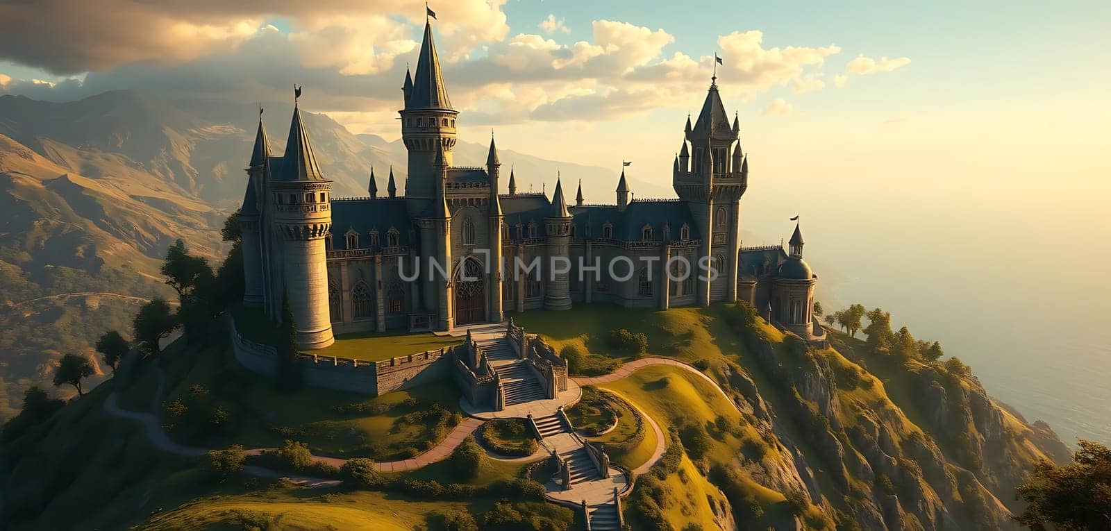 Majestically perched atop a cliff, a grand castle overlooks the sea, bathed in golden sunlight. Its towers reach skyward, while winding paths and lush gardens adorn the hillside, evoking a sense of enchantment and timeless beauty.