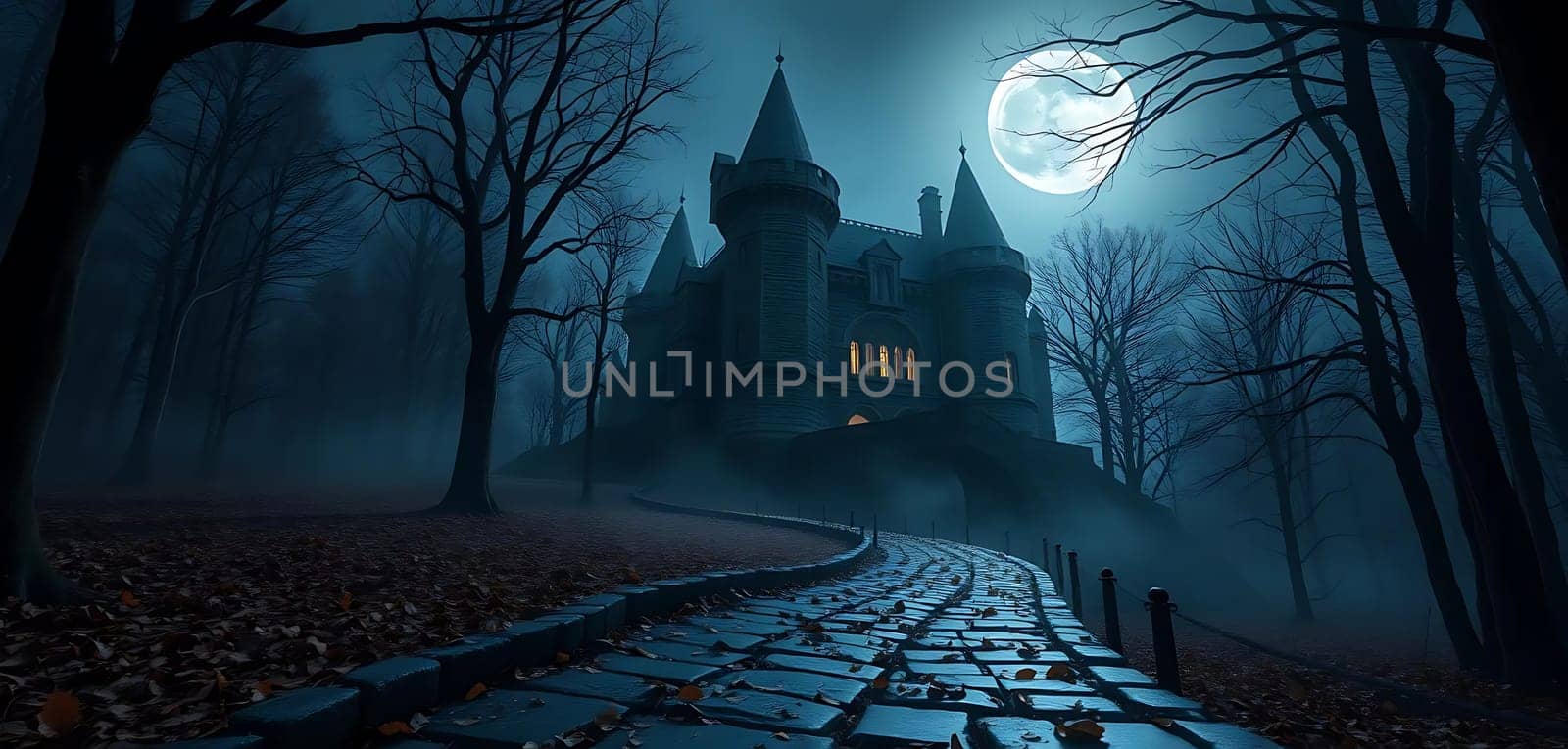 A haunting castle looms under a full moon, nestled in a foggy, leafless forest. The cobblestone path winds eerily towards the dimly lit mansion, evoking a chilling, mystical atmosphere.