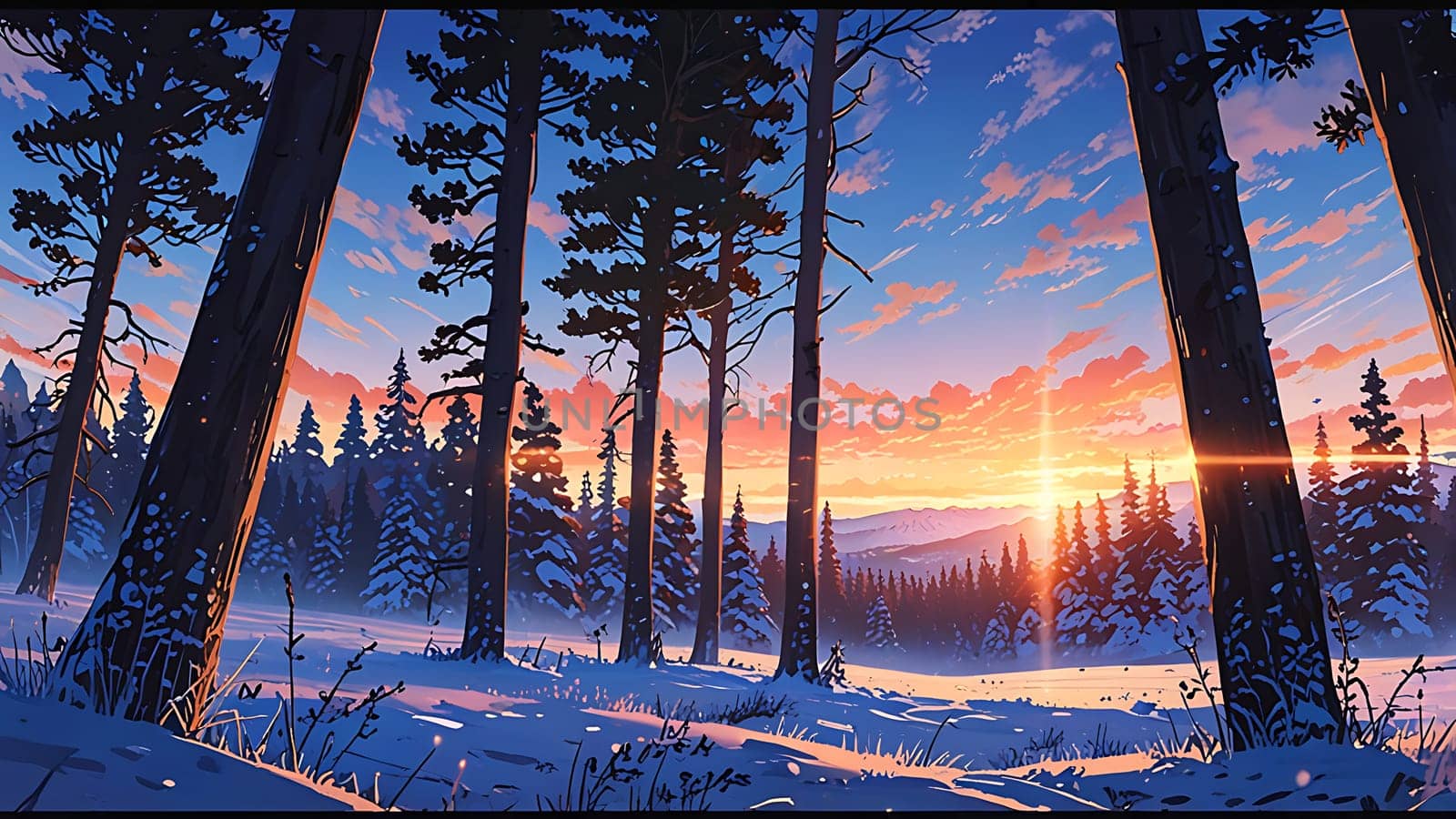 A serene winter sunset bathes a snowy forest in warm hues. Towering evergreens frame a vibrant sky, creating a tranquil, magical mood. The sun dips behind distant mountains, casting long shadows and illuminating the snow-covered ground.