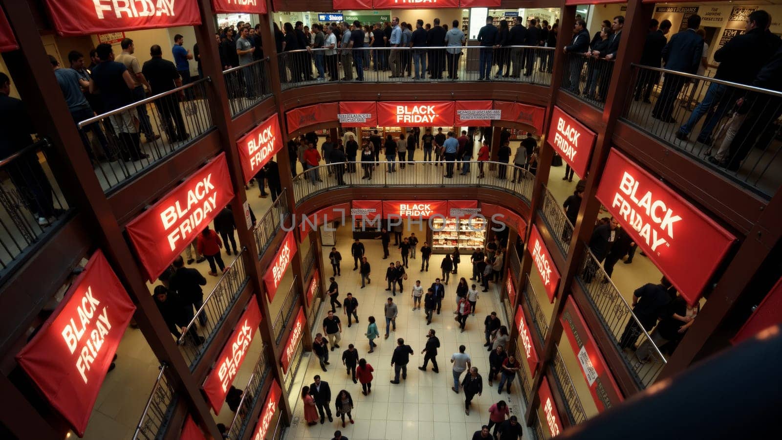 A lively crowd navigates multiple levels of a retail store filled with deals and festive energy, celebrating the excitement of Black Friday shopping.