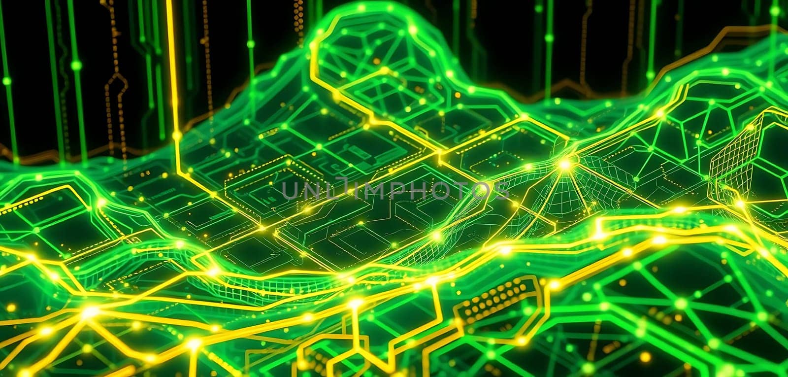 A vibrant, futuristic circuit board landscape glows with neon green and yellow lights, creating an intricate, interconnected web. The mood is electric and dynamic, evoking a sense of advanced technology and digital innovation.