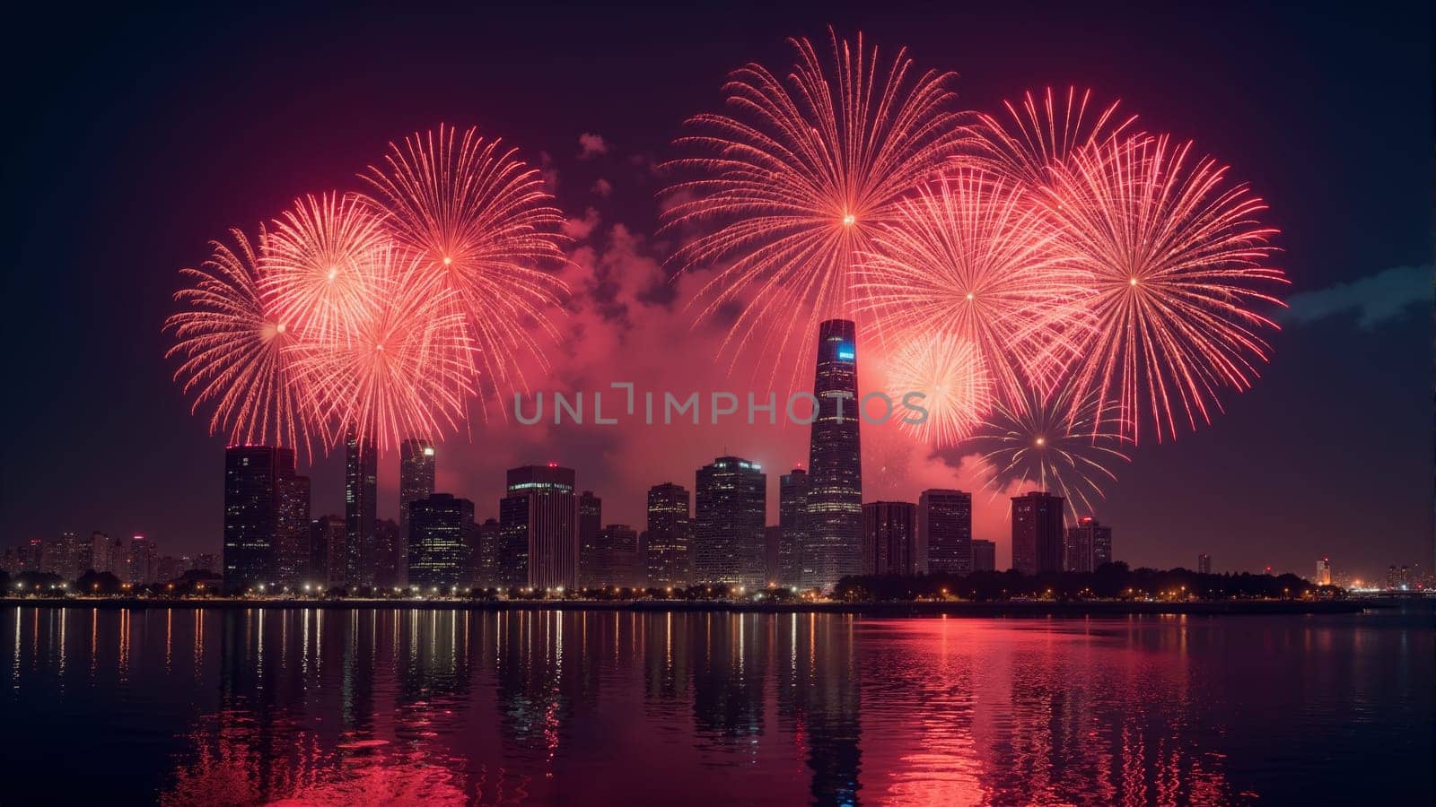 Bright bursts of colorful fireworks light up the night sky over a bustling city, reflecting beautifully on the water. The celebration creates an atmosphere of joy and excitement for all to enjoy.