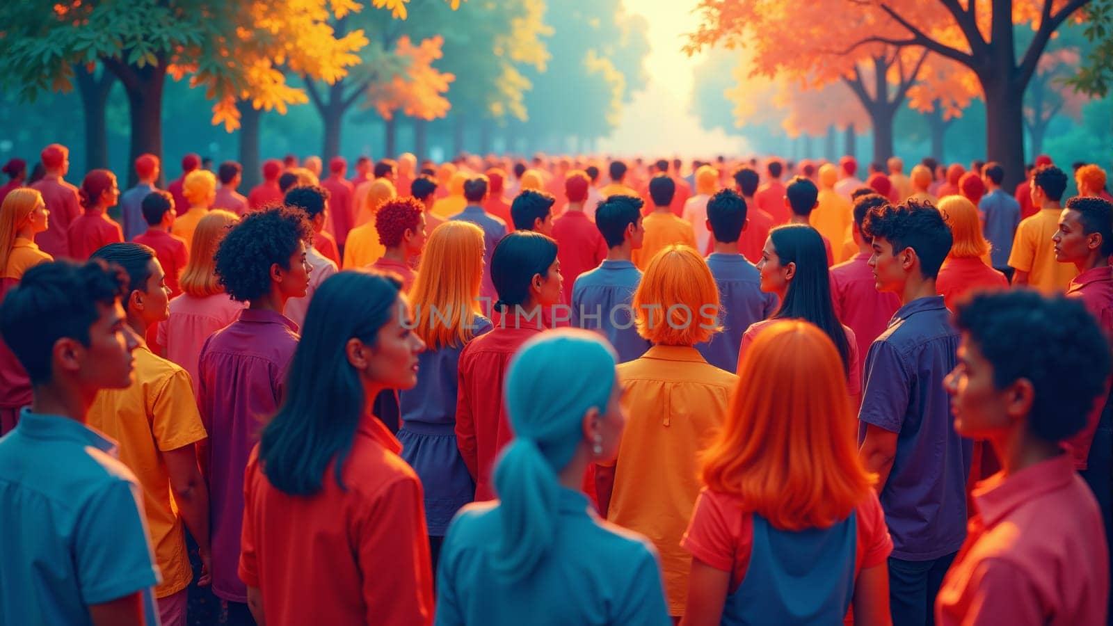 A joyful group of diverse people dressed in bright colors stands together in a beautiful park surrounded by trees in autumn hues, radiating a sense of community and connection.