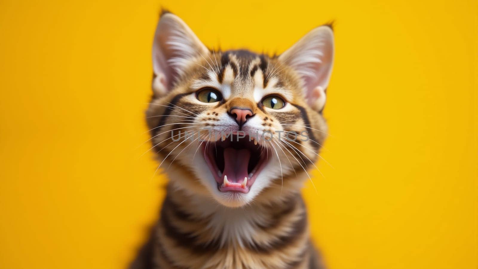 A cute orange kitten is happily meowing with a wide-open mouth, its bright blue eyes shining with mischief. The cheerful yellow background enhances its playful vibe, creating a warm atmosphere.