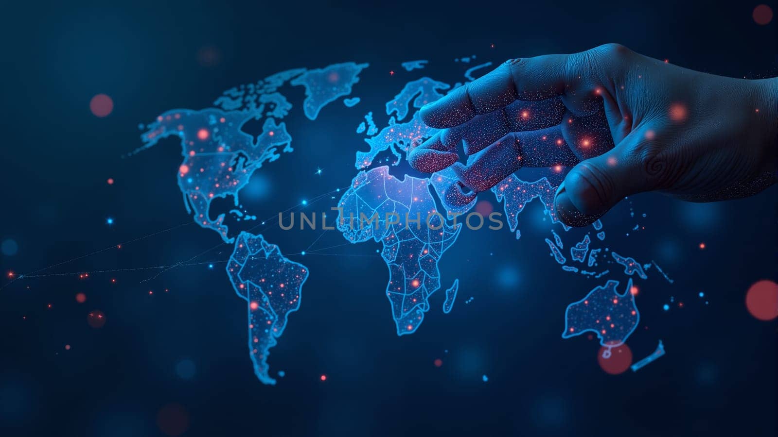 Glowing nodes and intricate connections highlight continents on a digital world map against a dark background, creating a dynamic representation of global connectivity and technology.