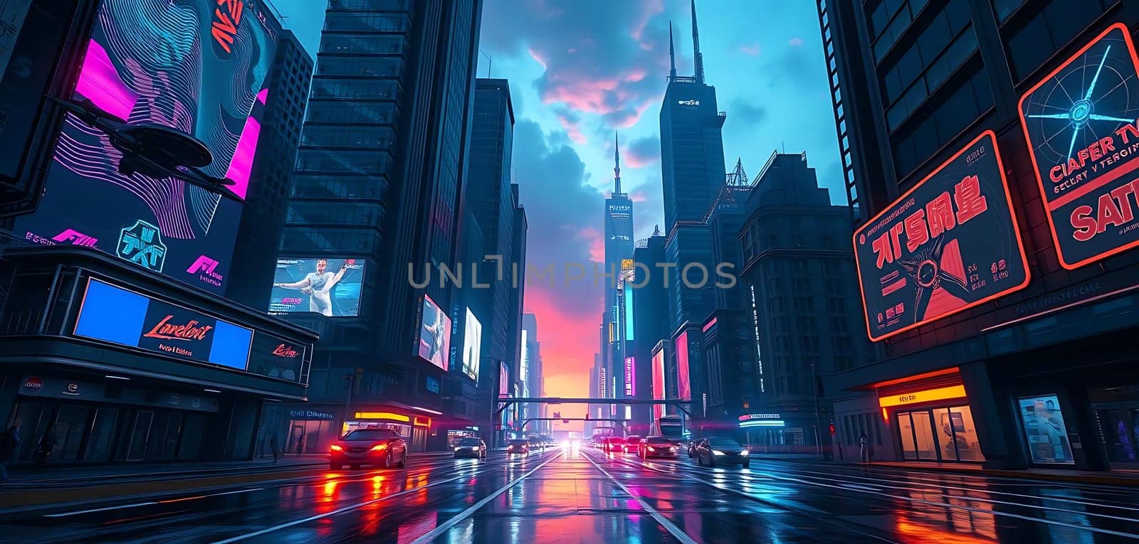 A futuristic cityscape at dusk, bathed in neon lights and towering skyscrapers. The wet streets reflect vibrant billboards, creating a cyberpunk atmosphere. Notable details include Asian characters on signs and sleek, modern architecture. The mood is electric and otherworldly, hinting at a bustling, advanced metropolis.