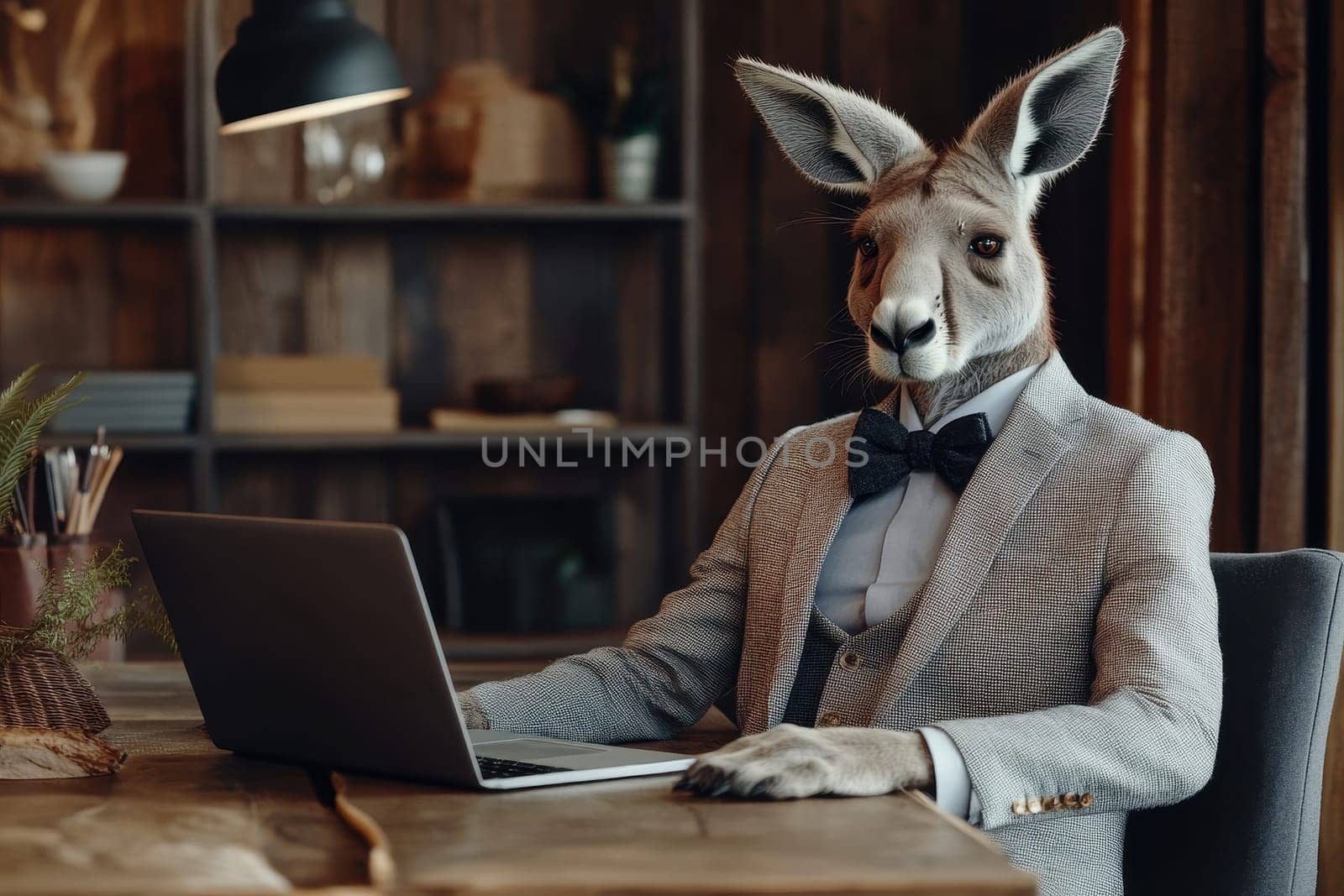 A confident humanoid kangaroo dressed in a crisp gray suit engages with technology at a modern office desk, embodying a playful yet professional vibe.