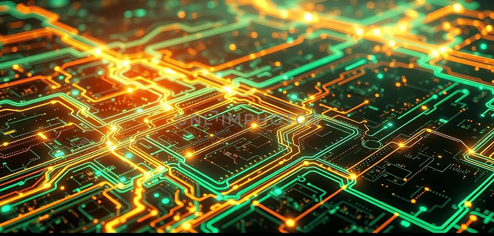 A vibrant, futuristic circuit board glows with neon orange and green pathways, evoking a high-tech, energetic mood. Light pulses through intricate patterns, highlighting advanced technology.