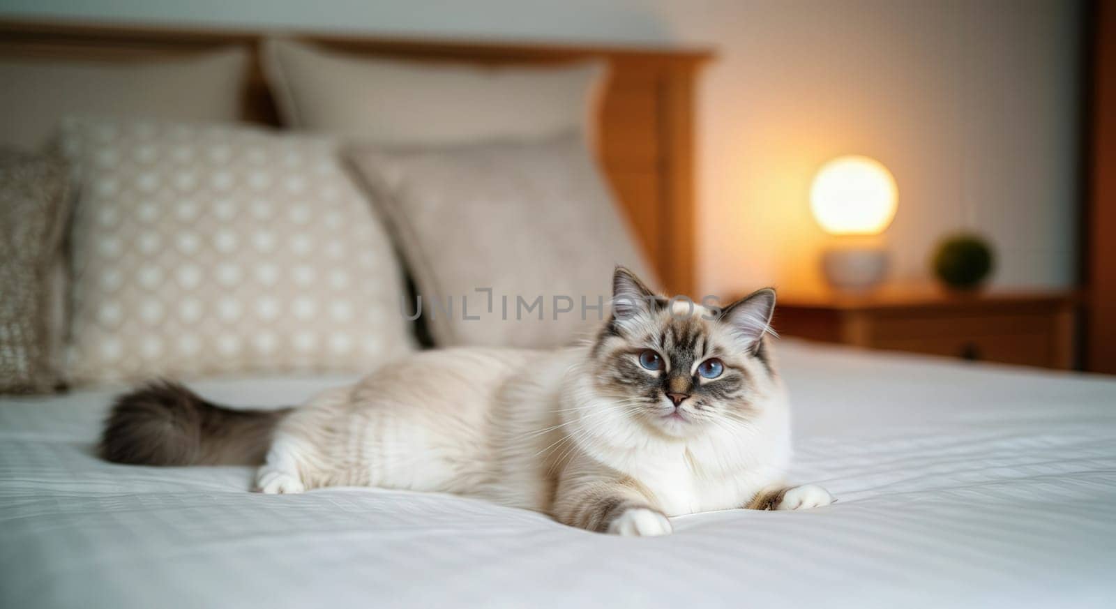 A fluffy cat with striking blue eyes relaxes on a neatly made bed in a serene bedroom setting. soft lighting from a glowing lamp adds warmth and tranquility to the space, the cat's elegant fur and calm demeanor.
