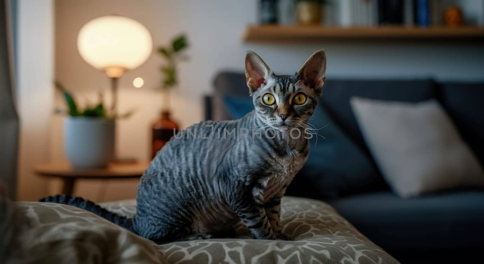 A devon rex cat with distinctive curly fur and large, expressive eyes sits attentively on a patterned blanket. the background features a warmly lit living room with a glowing lamp and plant, creating a cozy, inviting atmosphere.