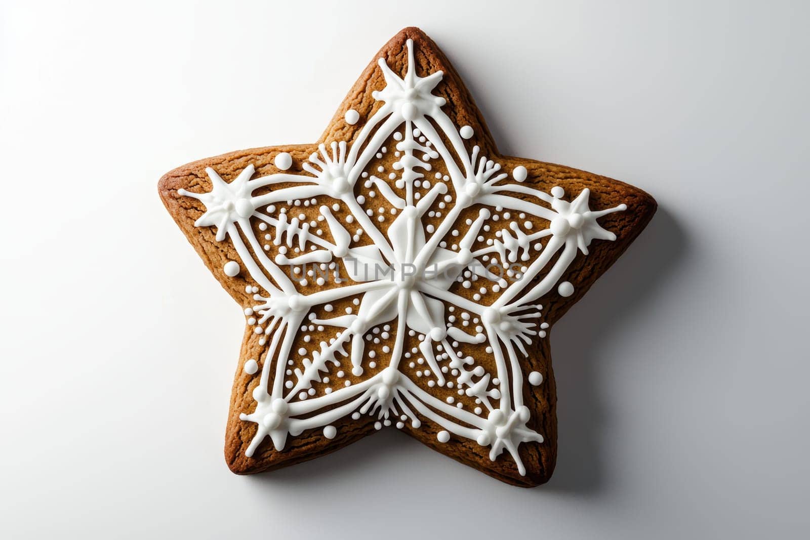 A beautifully decorated starshaped gingerbread cookie featuring intricate, delightful icing patterns and designs