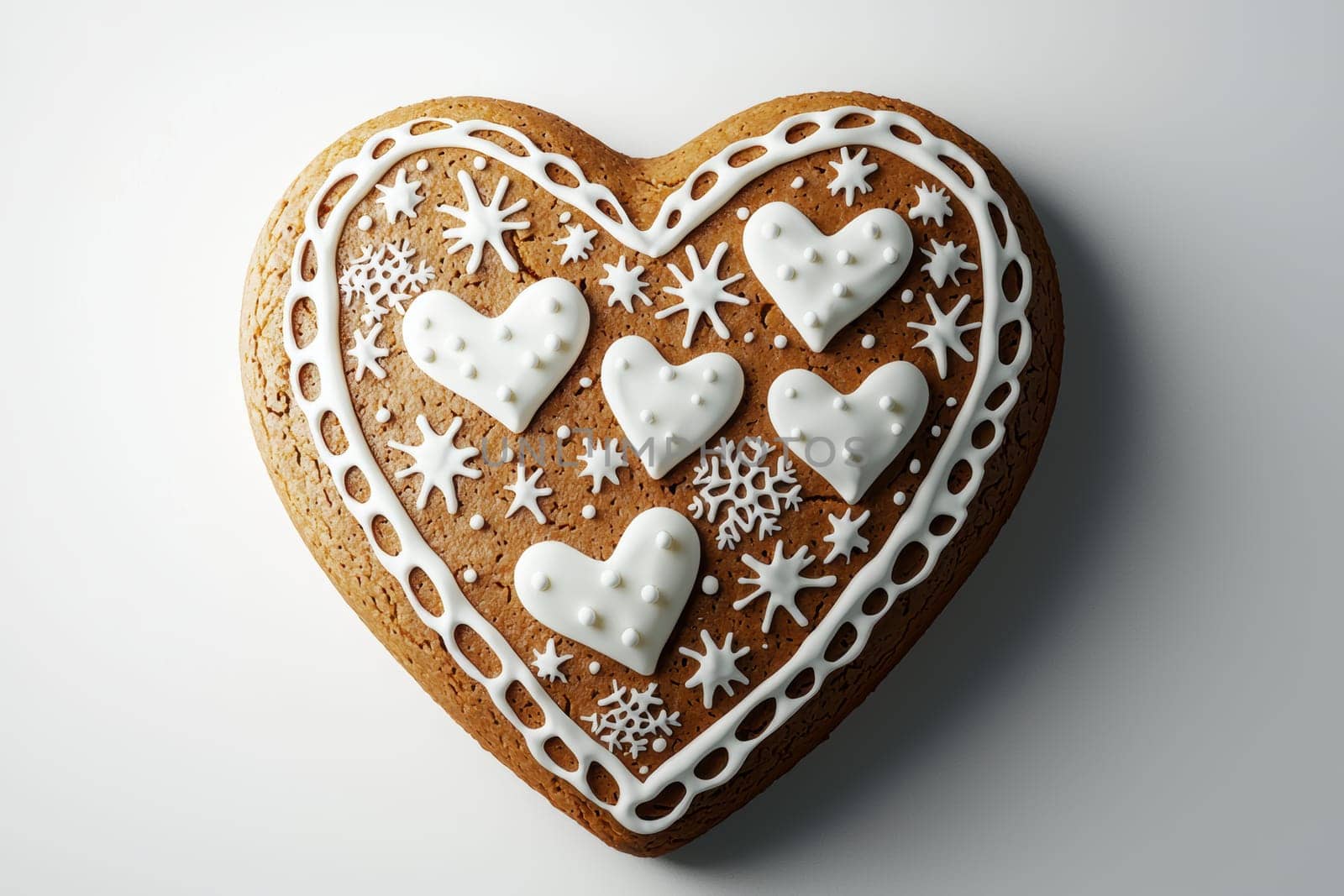 A beautifully decorated gingerbread heart featuring intricate white icing designs that are quite pleasing to behold