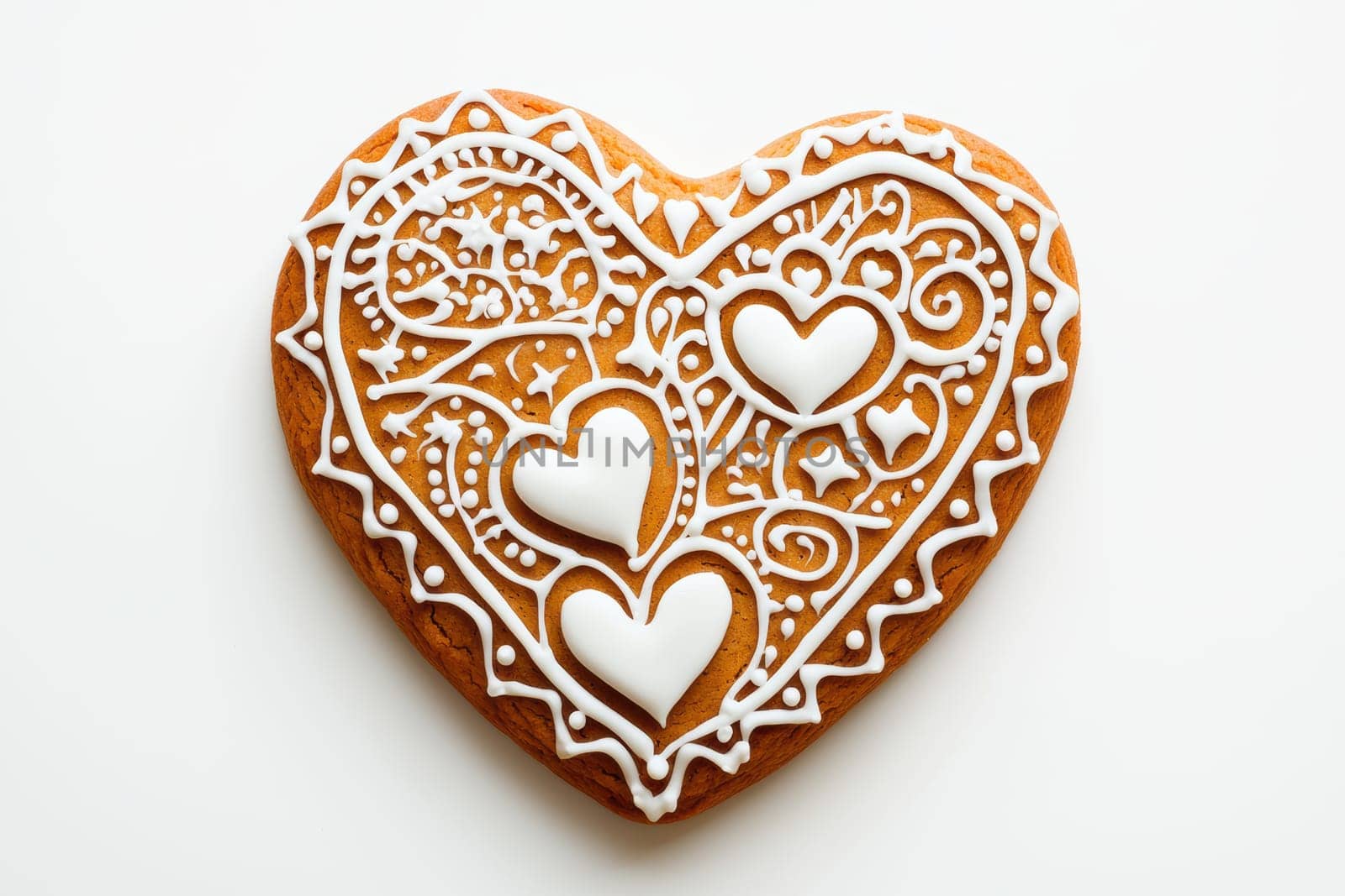 A beautifully and meticulously crafted heartshaped gingerbread cookie that is adorned with intricate icing decoration