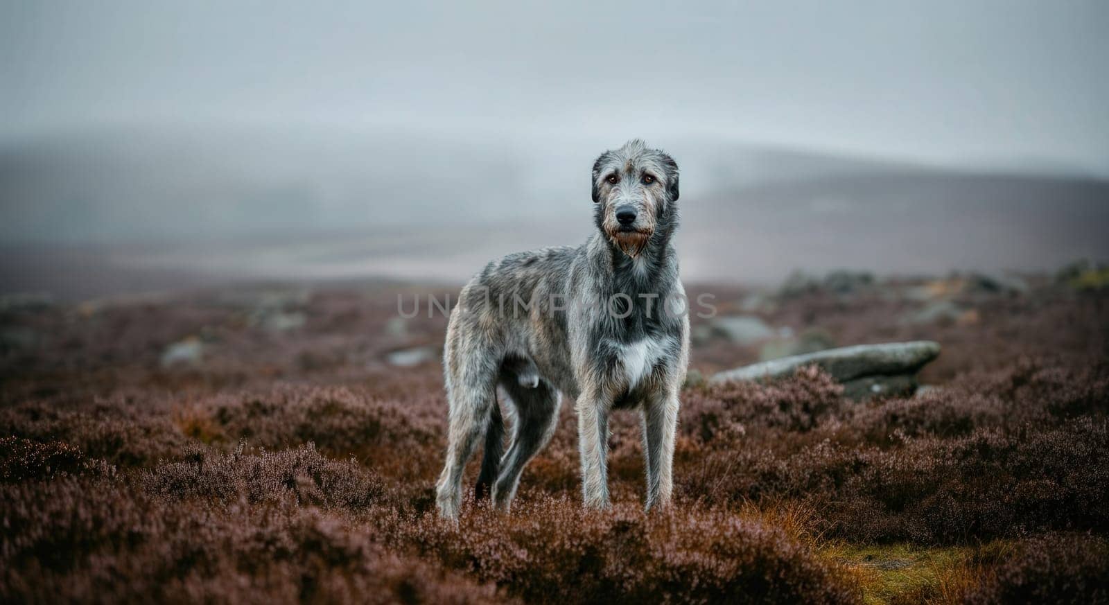A noble irish wolfhound stands amidst a foggy, heather-covered landscape in the highlands. the serene atmosphere and muted colors enhance the graceful, watchful presence of the dog, creating a tranquil outdoor scene.